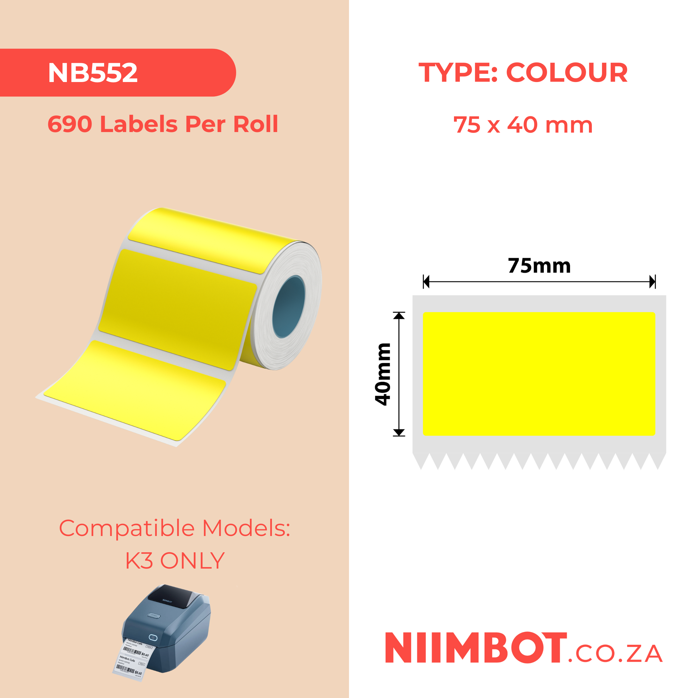 NB552 - NIIMBOT - K3 ONLY - 75X40MM - 690 YELLOW LABELS
