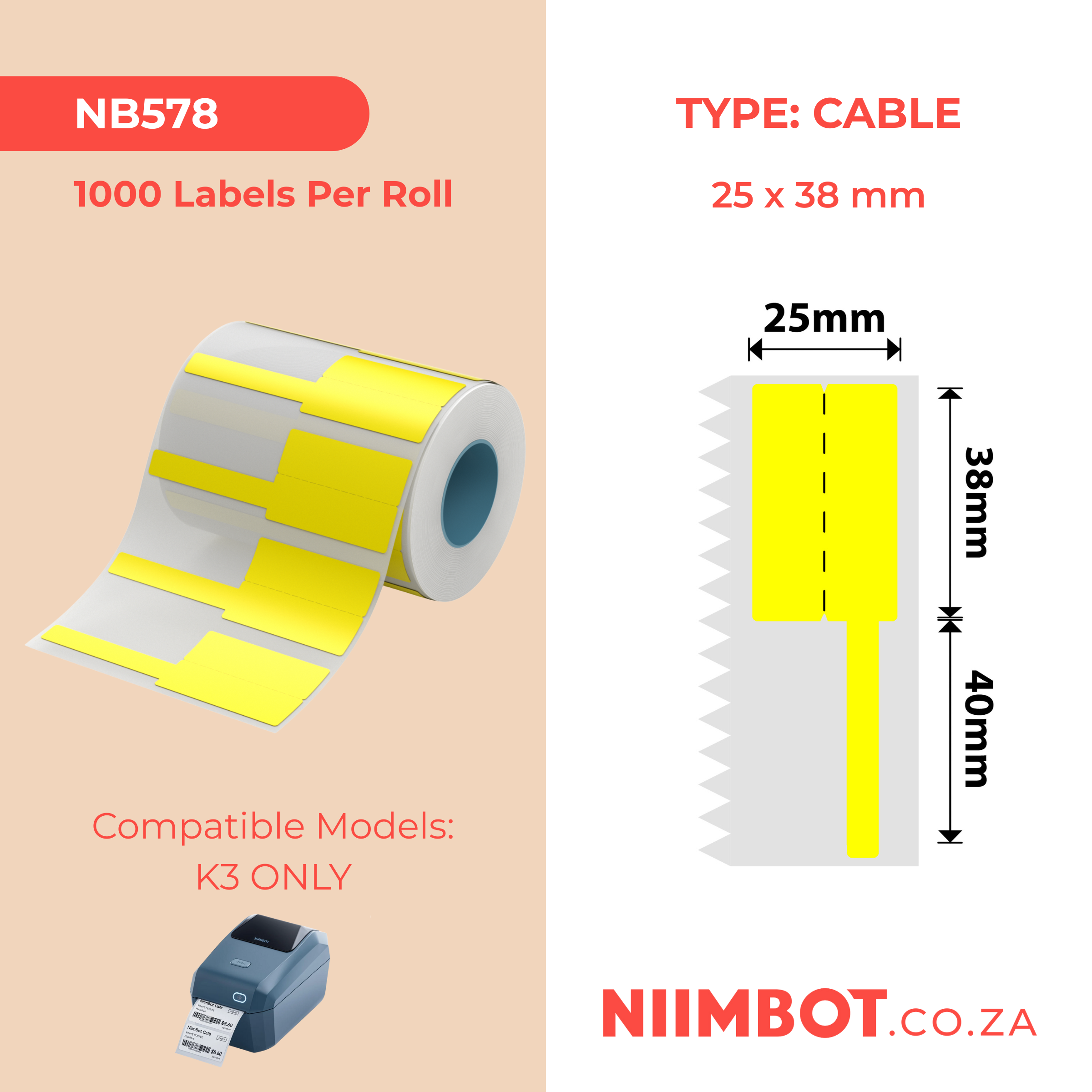 NB578 - NIIMBOT - K3 ONLY - 38X25+40MM - 1,000 YELLOW CABLE LABELS