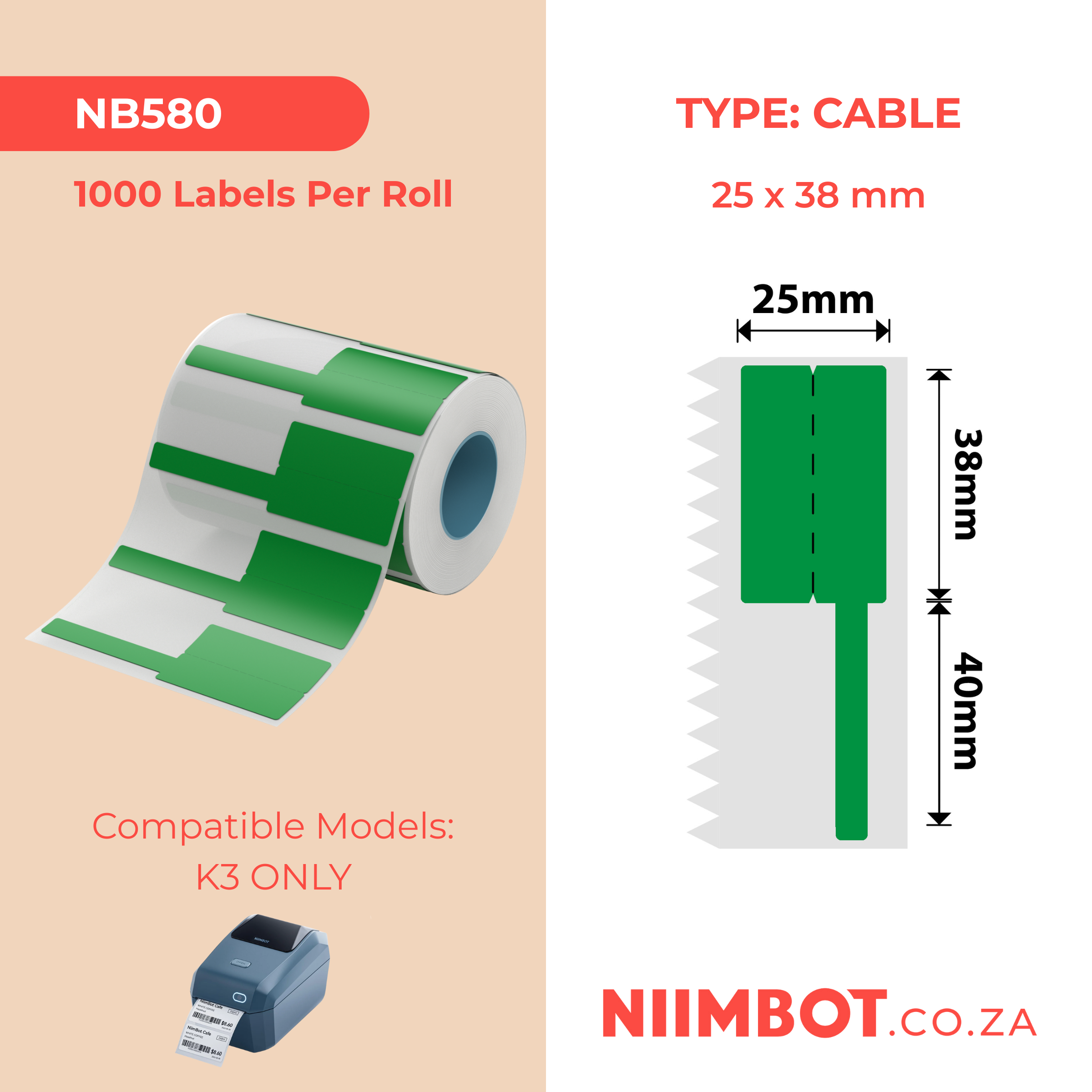 NB580 - NIIMBOT - K3 ONLY - 38X25+40MM - 1,000 GREEN CABLE LABELS