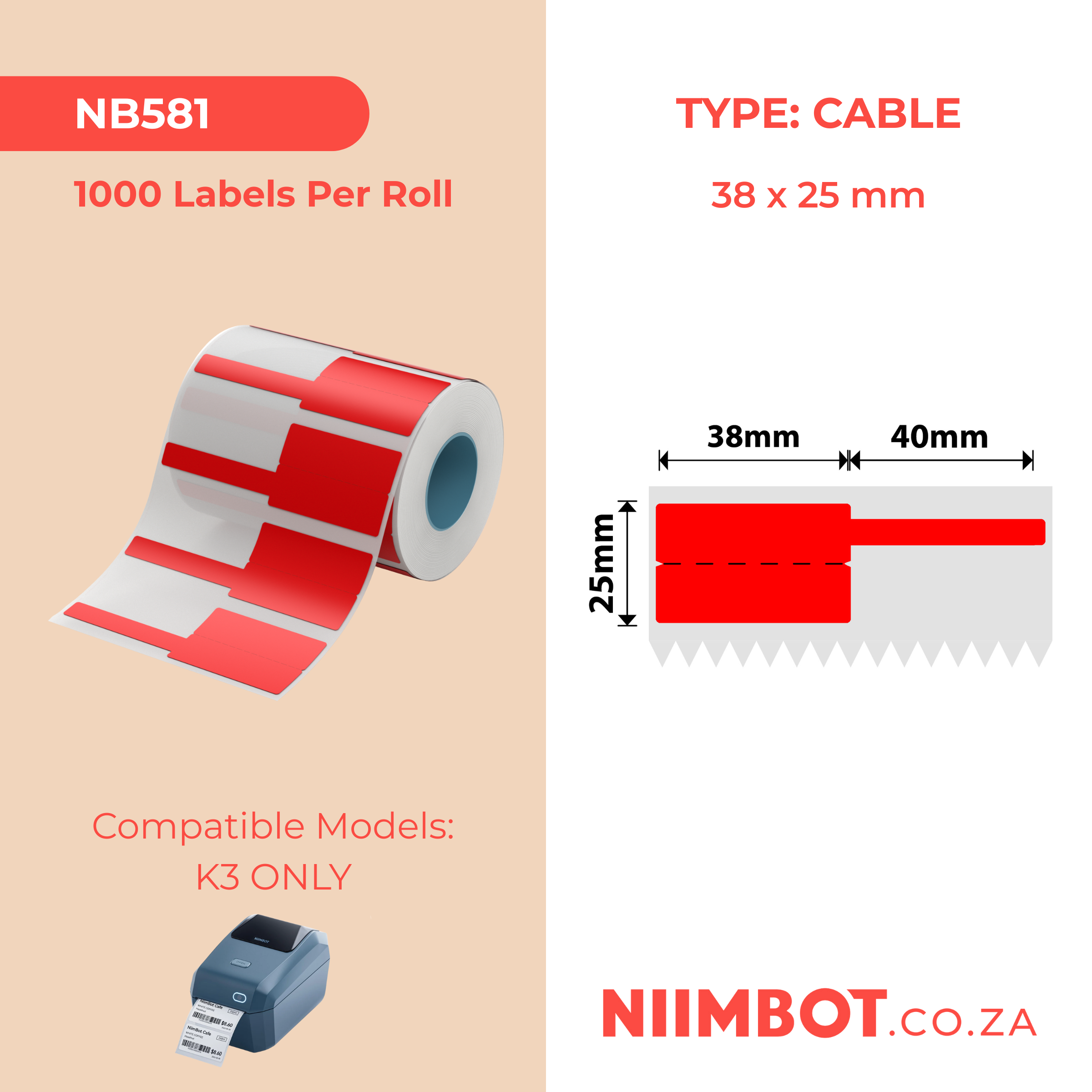 NB581 - NIIMBOT - K3 ONLY - 38X25+40MM - 1,000 RED CABLE LABELS