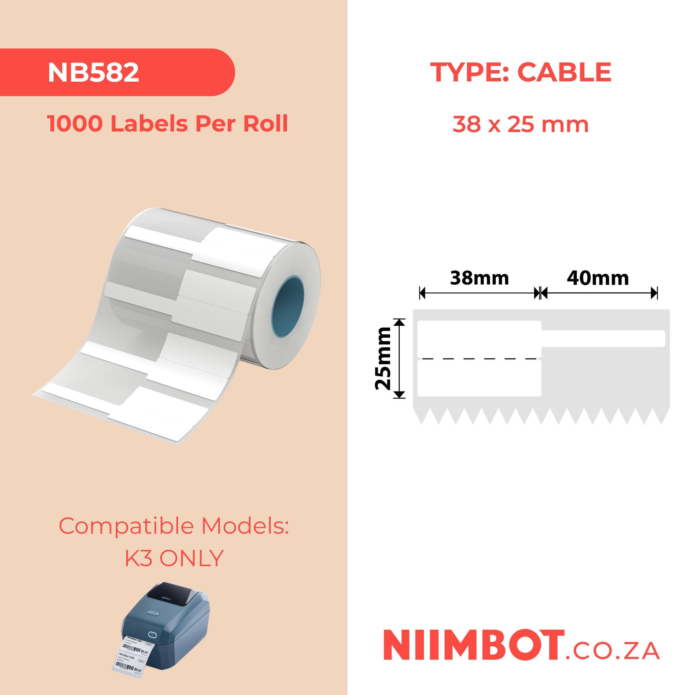 NB582 - NIIMBOT - K3 ONLY - 38X25+40MM - 1,000 WHITE CABLE LABELS