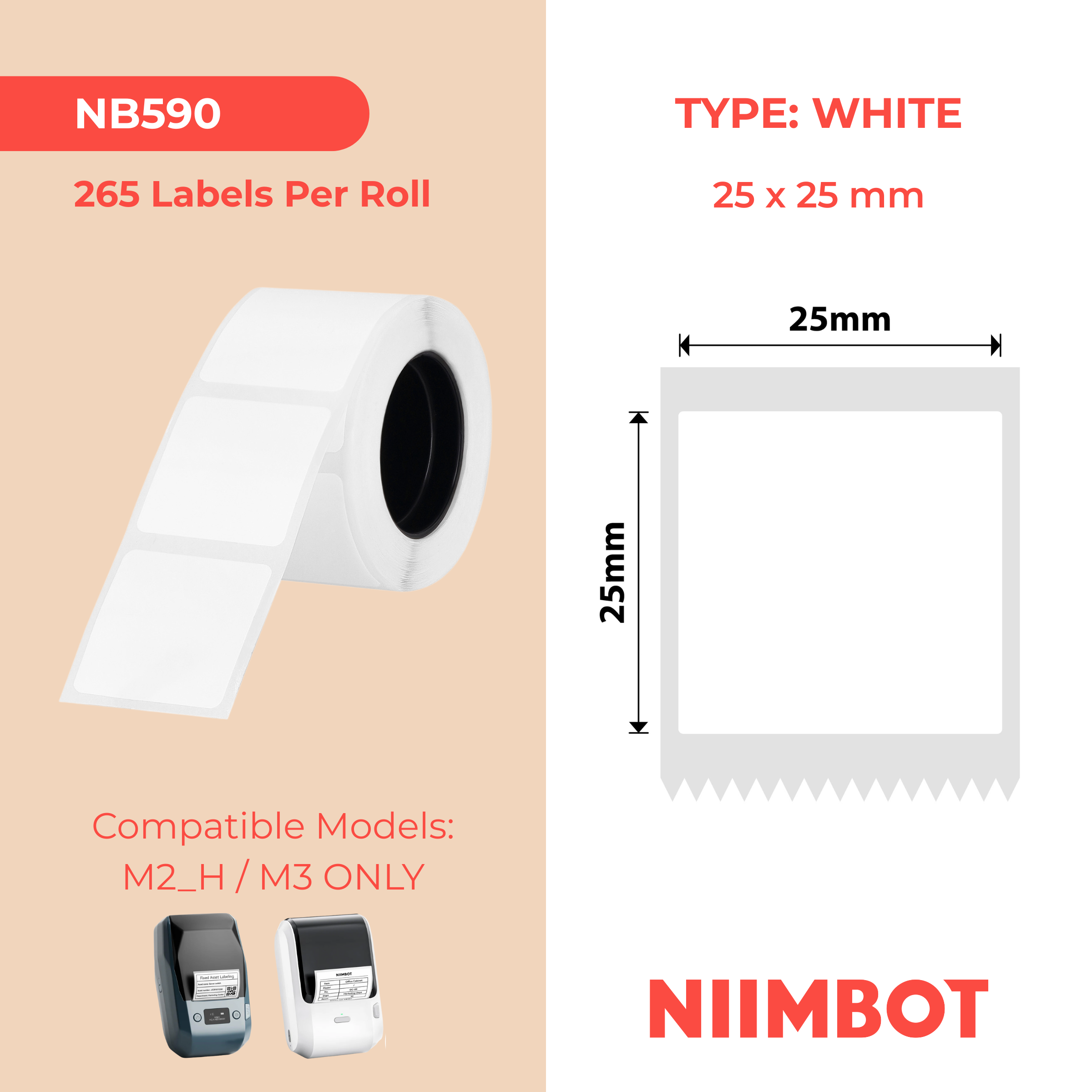 NB590 - NIIMBOT - M2 / M3 - 25X25MM - 265 WHITE PET LABELS