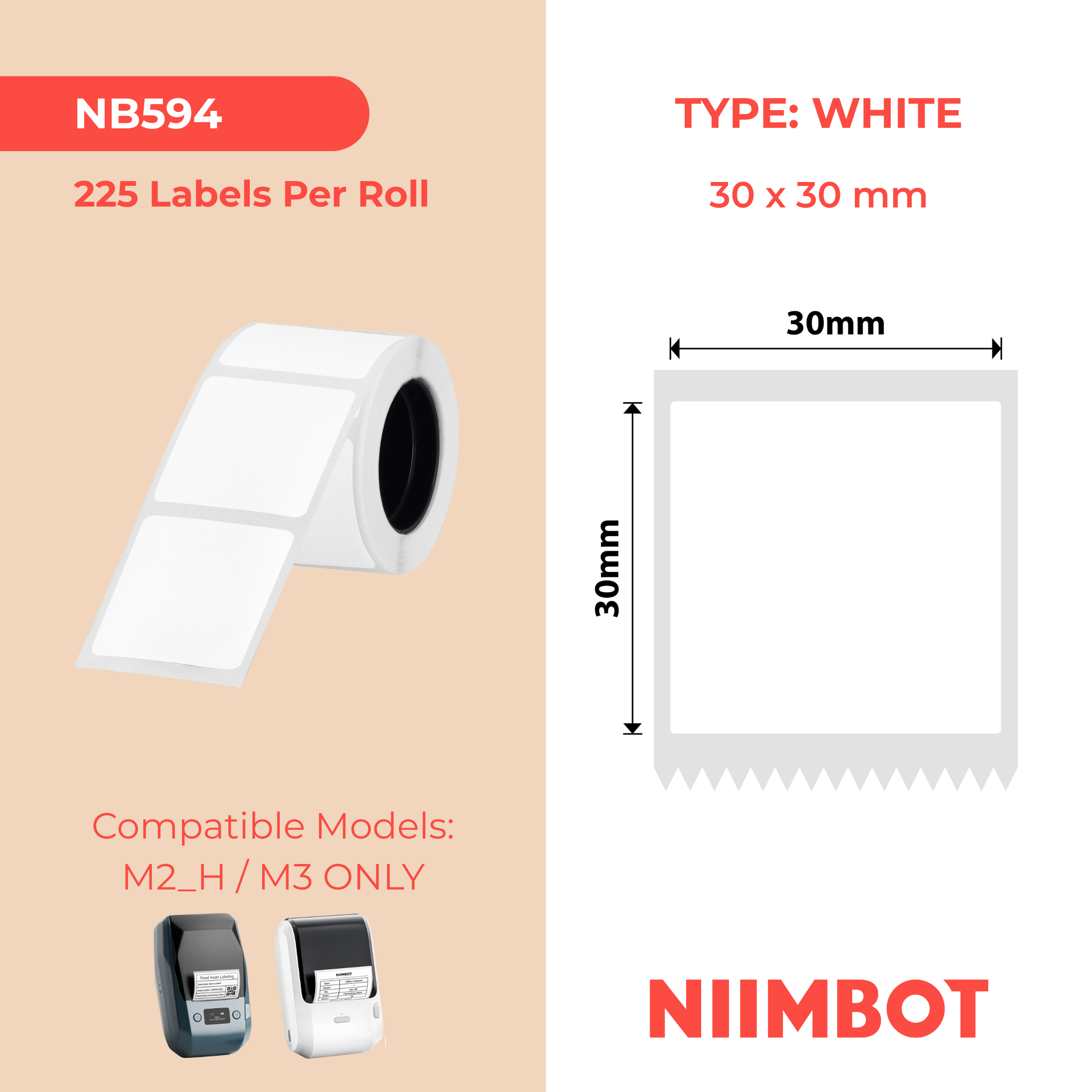 NB594 - NIIMBOT - M2 / M3 - 30X30MM - 225 WHITE PET LABELS