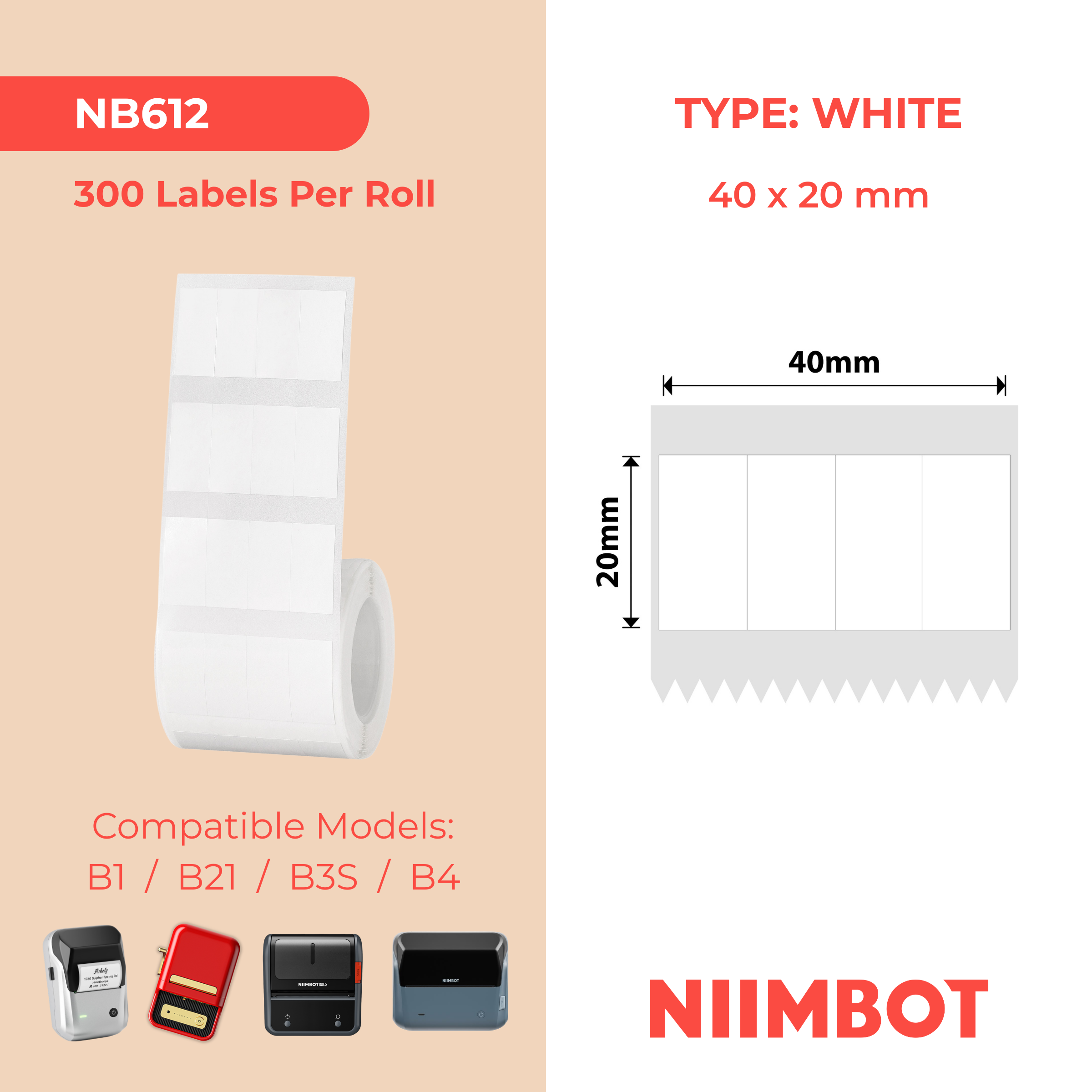 NB612 - NIIMBOT - B1 / B21 / B3S / B4 - 40X20MM - (10X20MM/4) - 300 WHITE LABELS