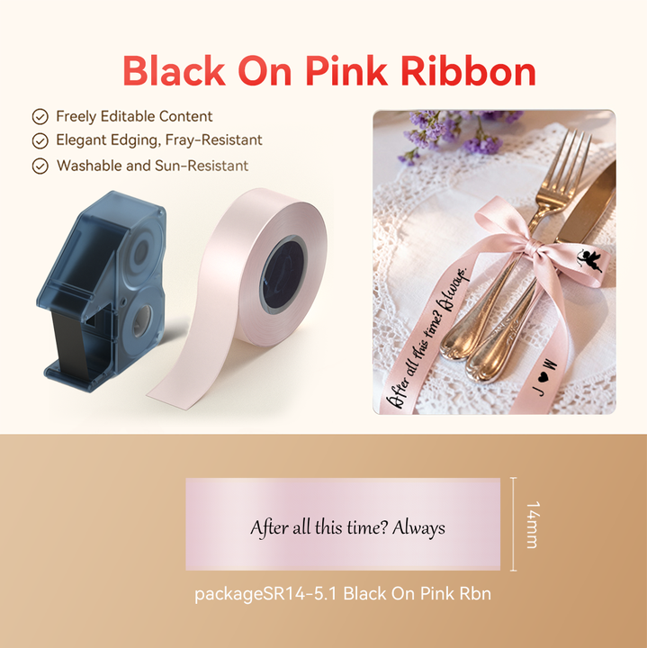 NIIMBOT - N1 Satin Gift Ribbon - 14mm x 5.1m - Black on Pink