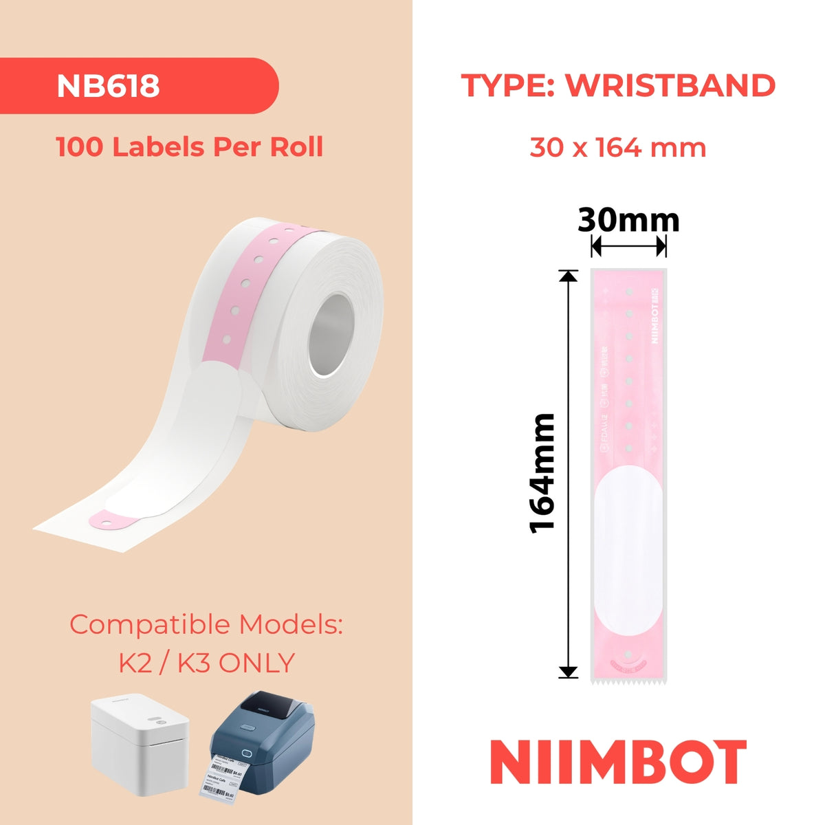 NIIMBOT - K Range - 30x164mm - 100 Newborn Pink Wristbands