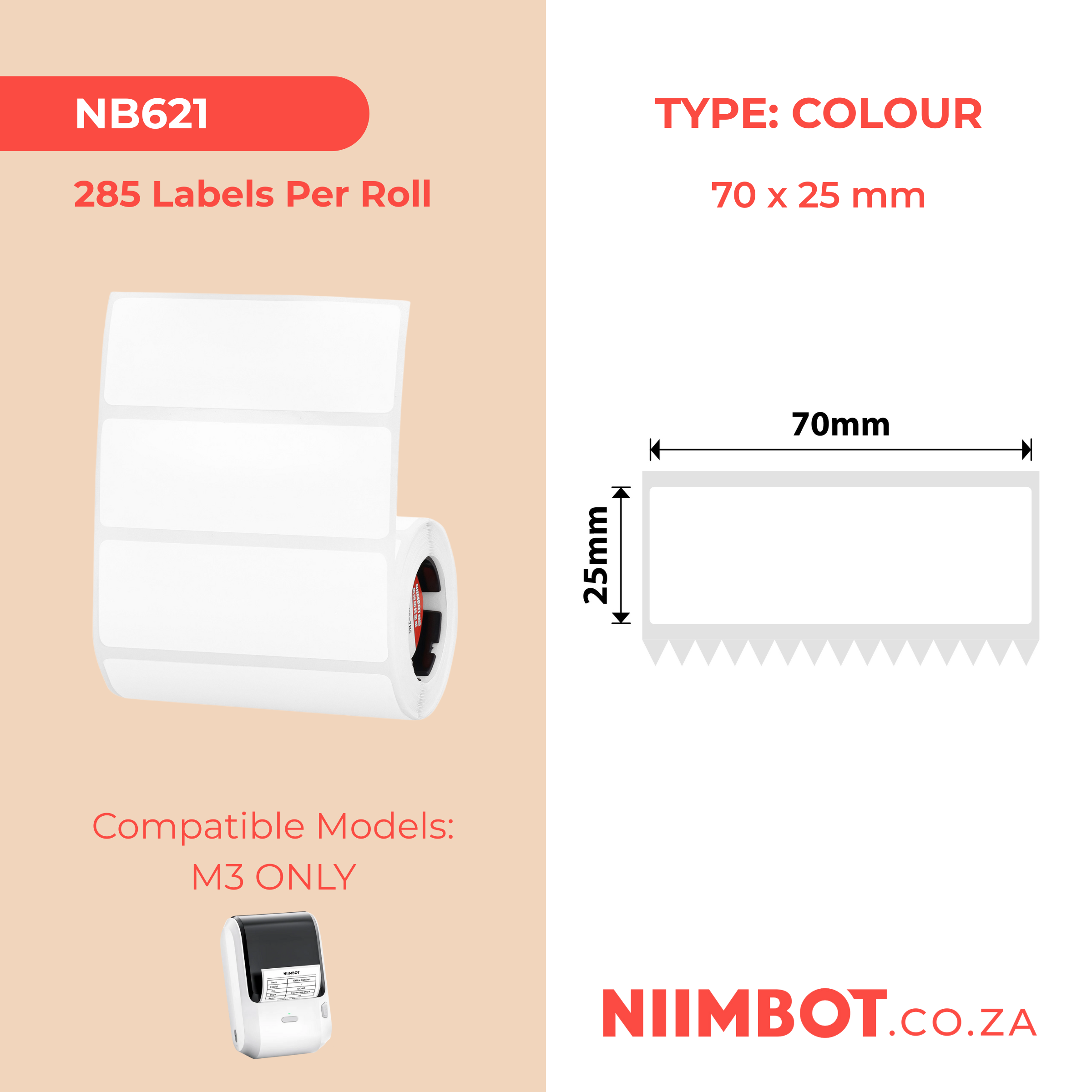 NB621 - NIIMBOT - M3 ONLY - 70X25MM - 285 WHITE LABELS