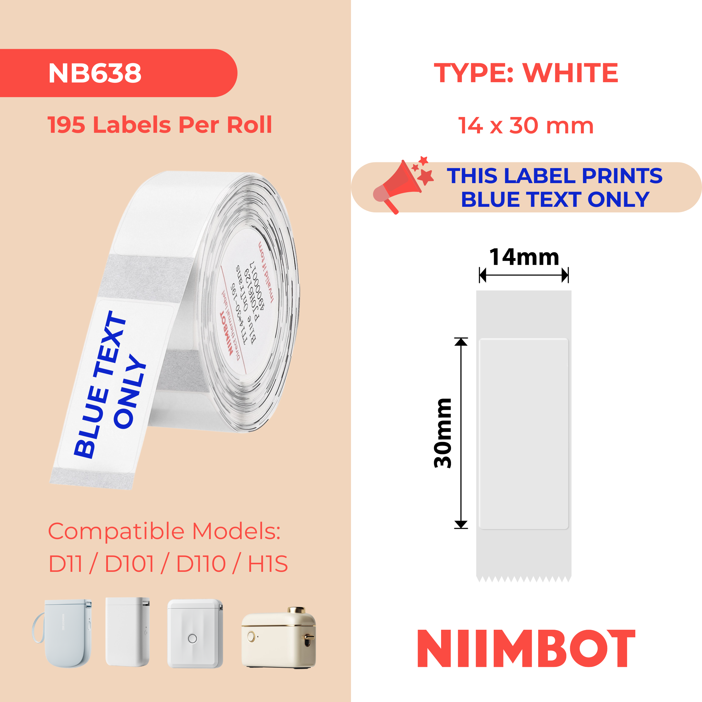 NB638 - NIIMBOT - D11 / D101 / D110 / H1S - 14X30MM - 195 TRANSPARENT BLUE TEXT ONLY LABELS