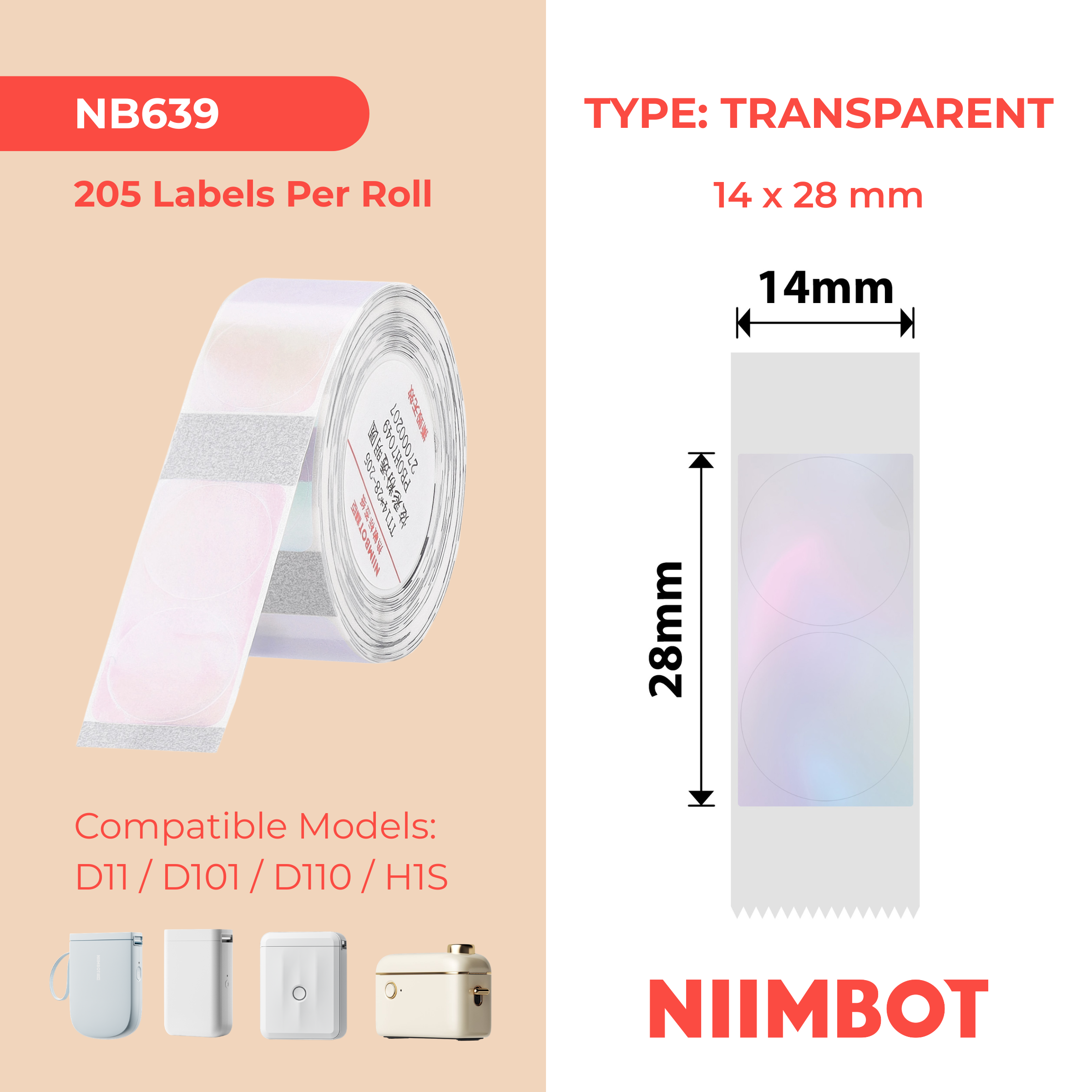 NB639 - NIIMBOT - D11 / D101 / D110 / H1S - 14X28MM - 205 PINK ROUND TRANSPARENT LABELS