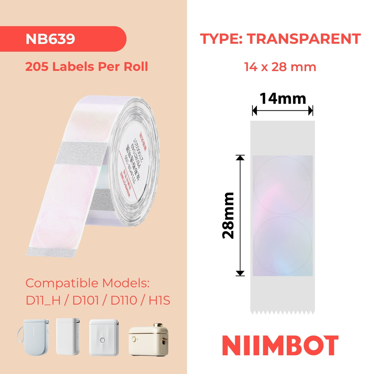 NIIMBOT - Gamma D - 14x28mm - Rosa Rotonde Trasparenti - 205 Etichette