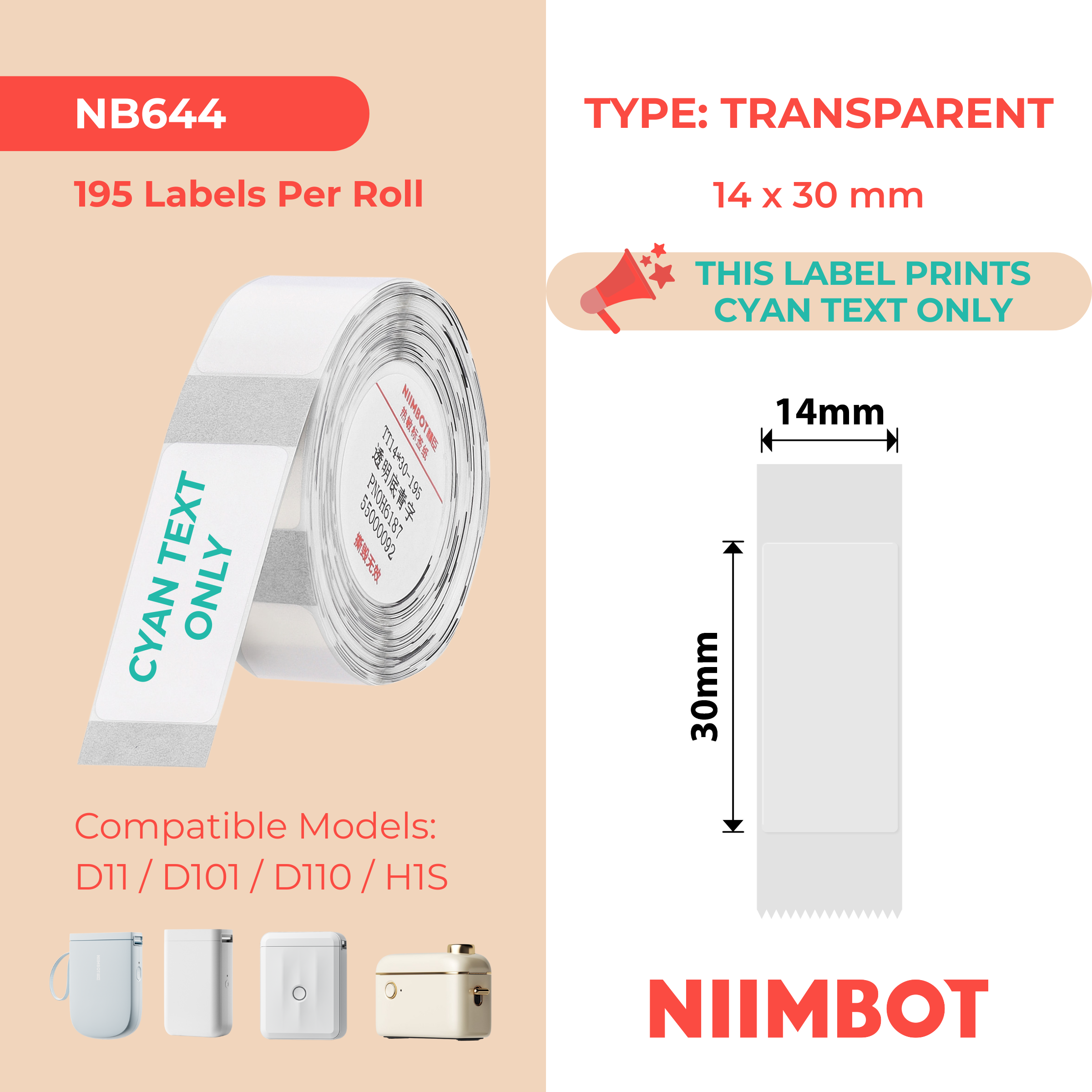 NB644 - NIIMBOT - D11 / D101 / D110 / H1S - 14X30MM - 195 TRANSPARENT CYAN TEXT ONLY LABELS