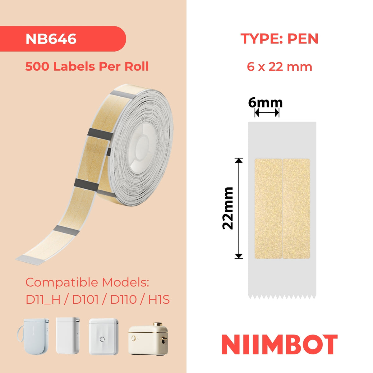 NIIMBOT - Gamma D - 6x22mm/2L - Penna verticale trasparente color oro - Cancelleria - 500 etichette