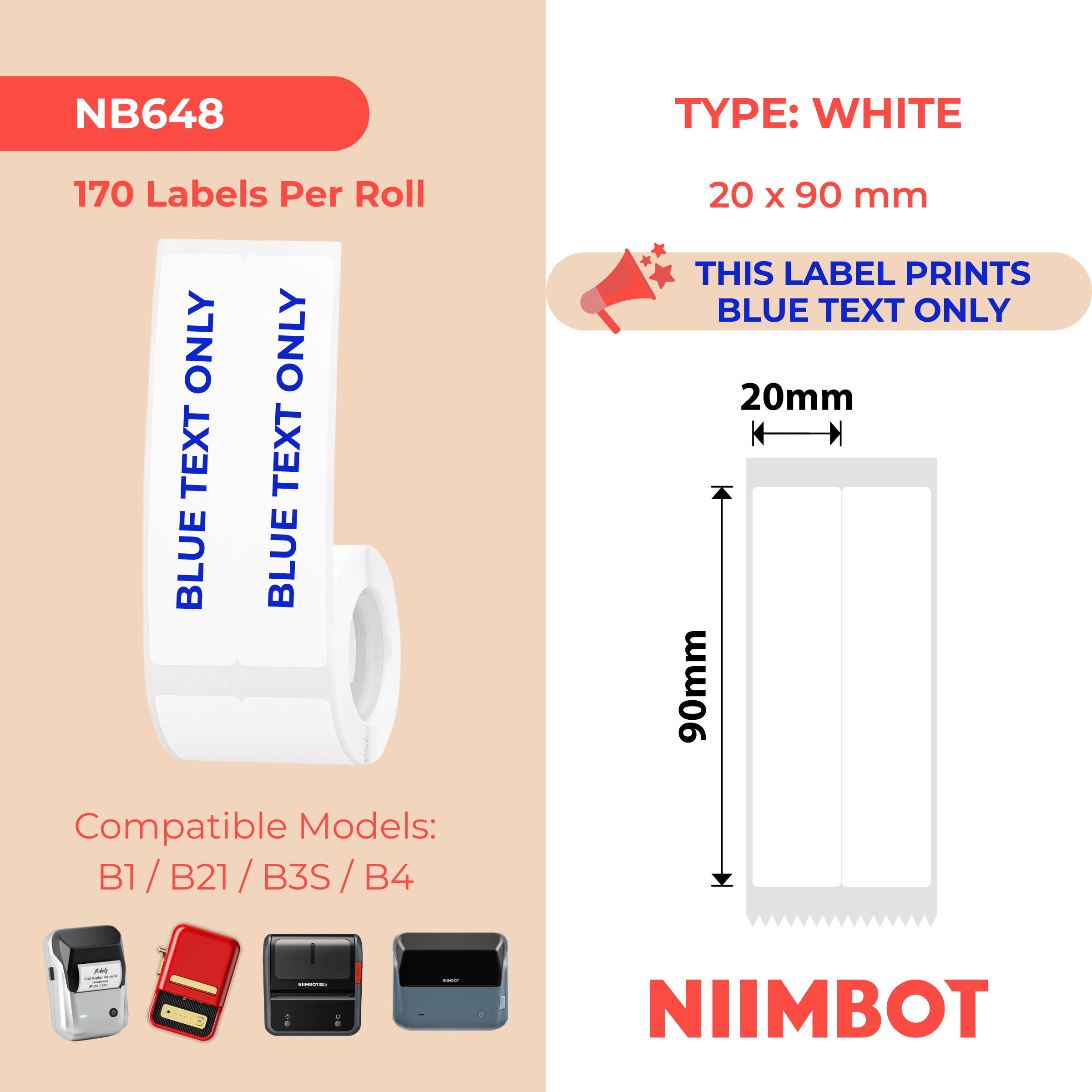 NB648 - NIIMBOT - B1 / B21 / B3S / B4 - 20X90/2L - 170 WHITE BLUE TEXT ONLY LABELS