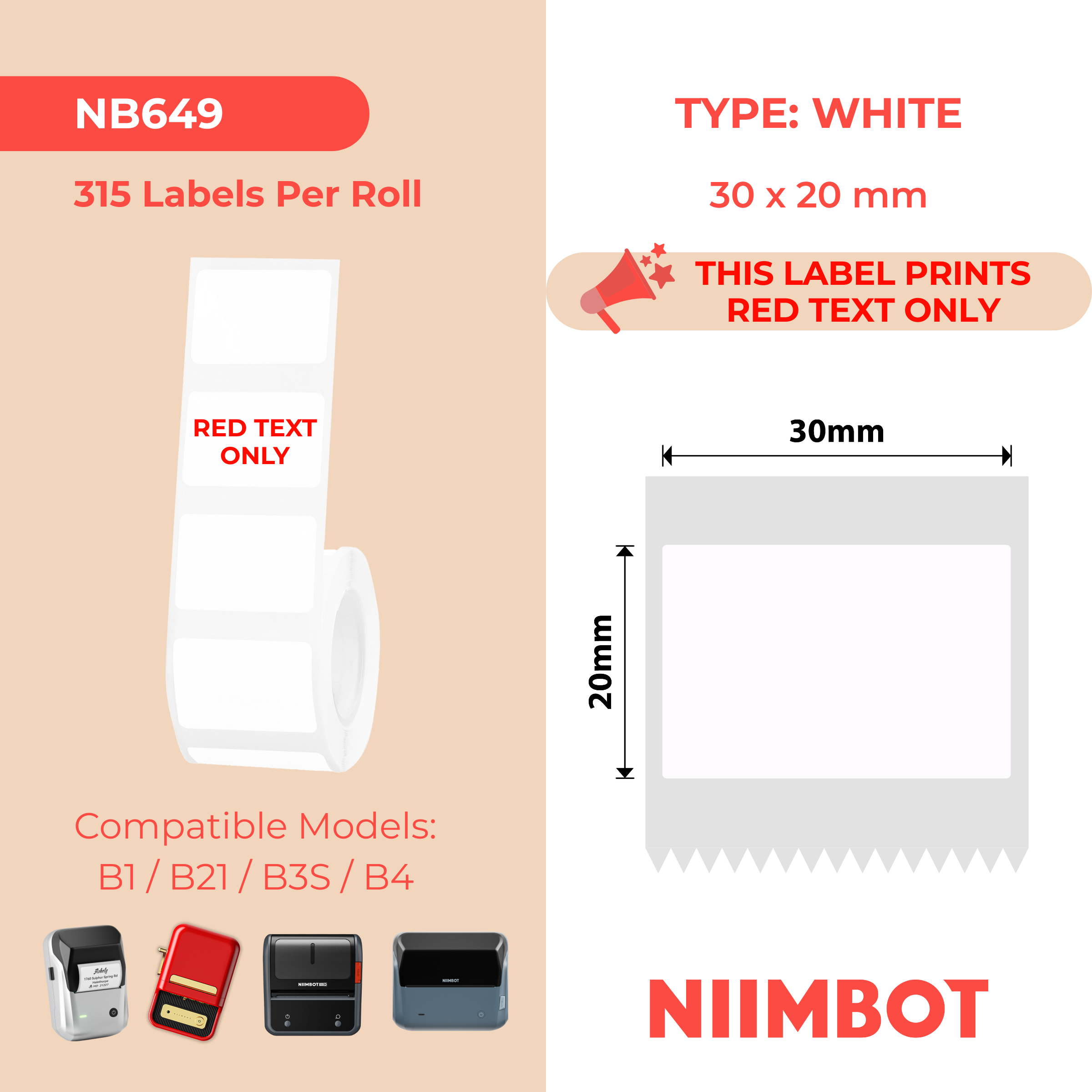 NB649 - NIIMBOT - B1 / B21 / B3S / B4 - 30X20MM - 315 WHITE RED TEXT ONLY LABELS