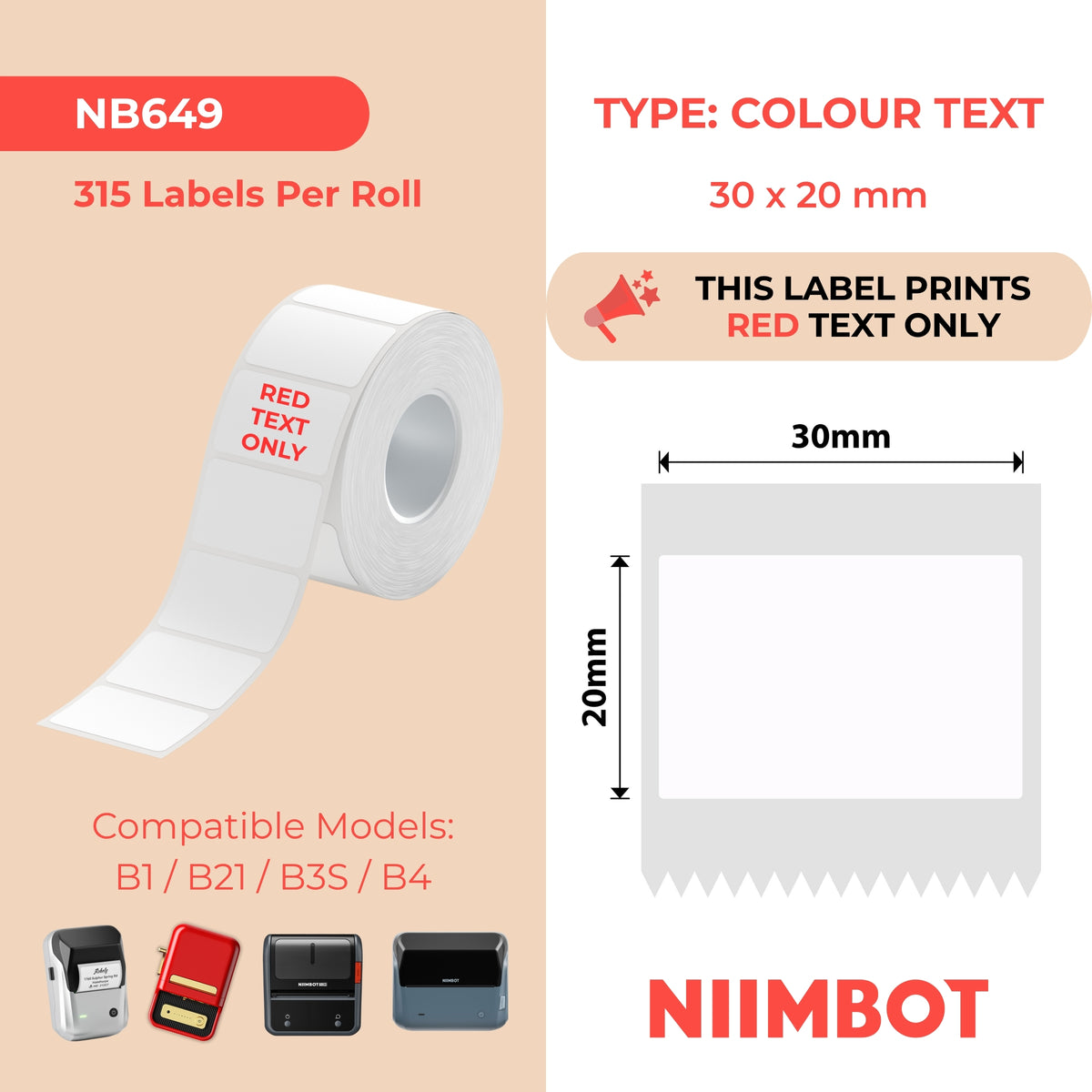 NIIMBOT - Gamma B - 30x20mm - Solo testo bianco e rosso - 315 etichette