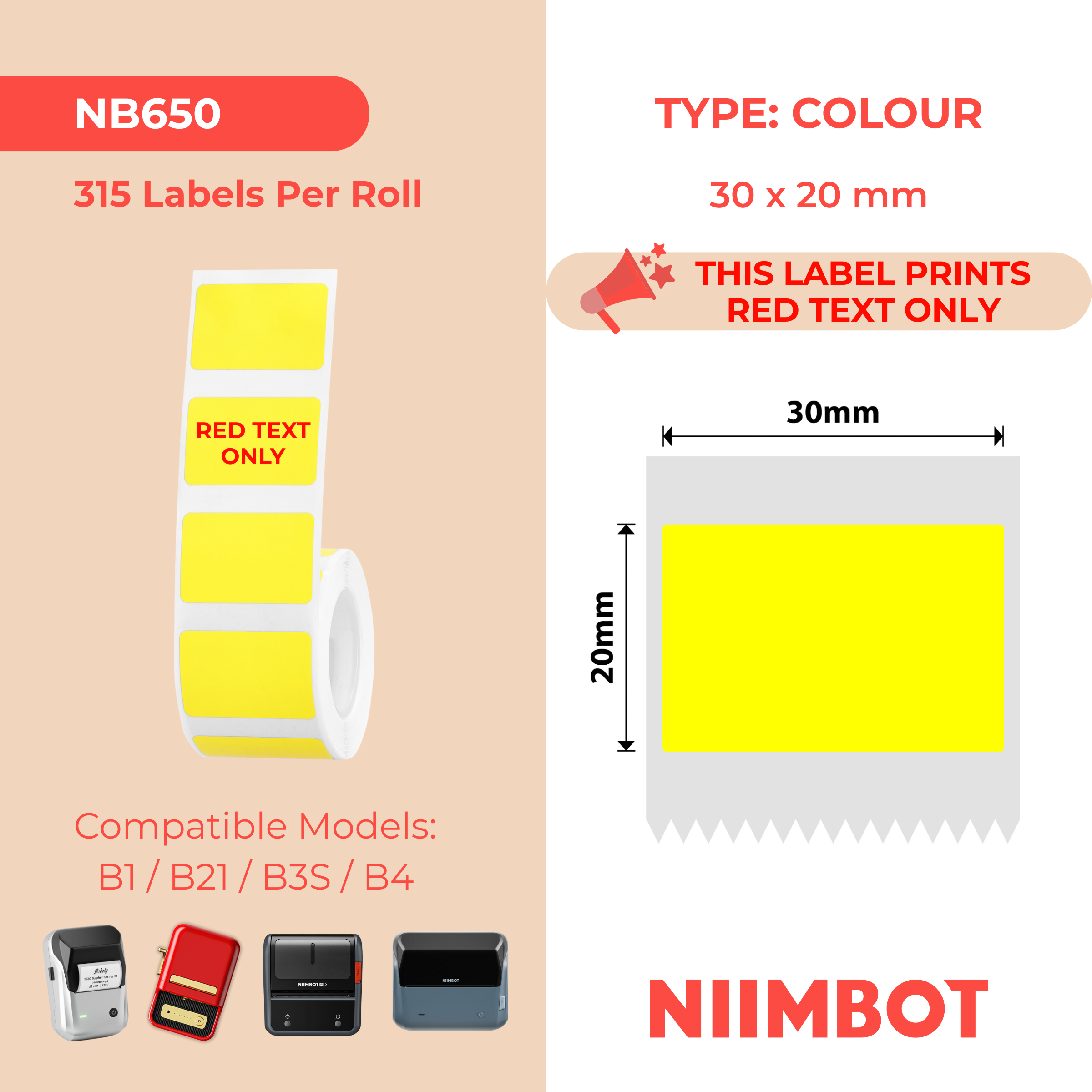 NB650 - NIIMBOT - B1 / B21 / B3S / B4 - 30X20MM - 315 YELLOW RED TEXT ONLY LABELS