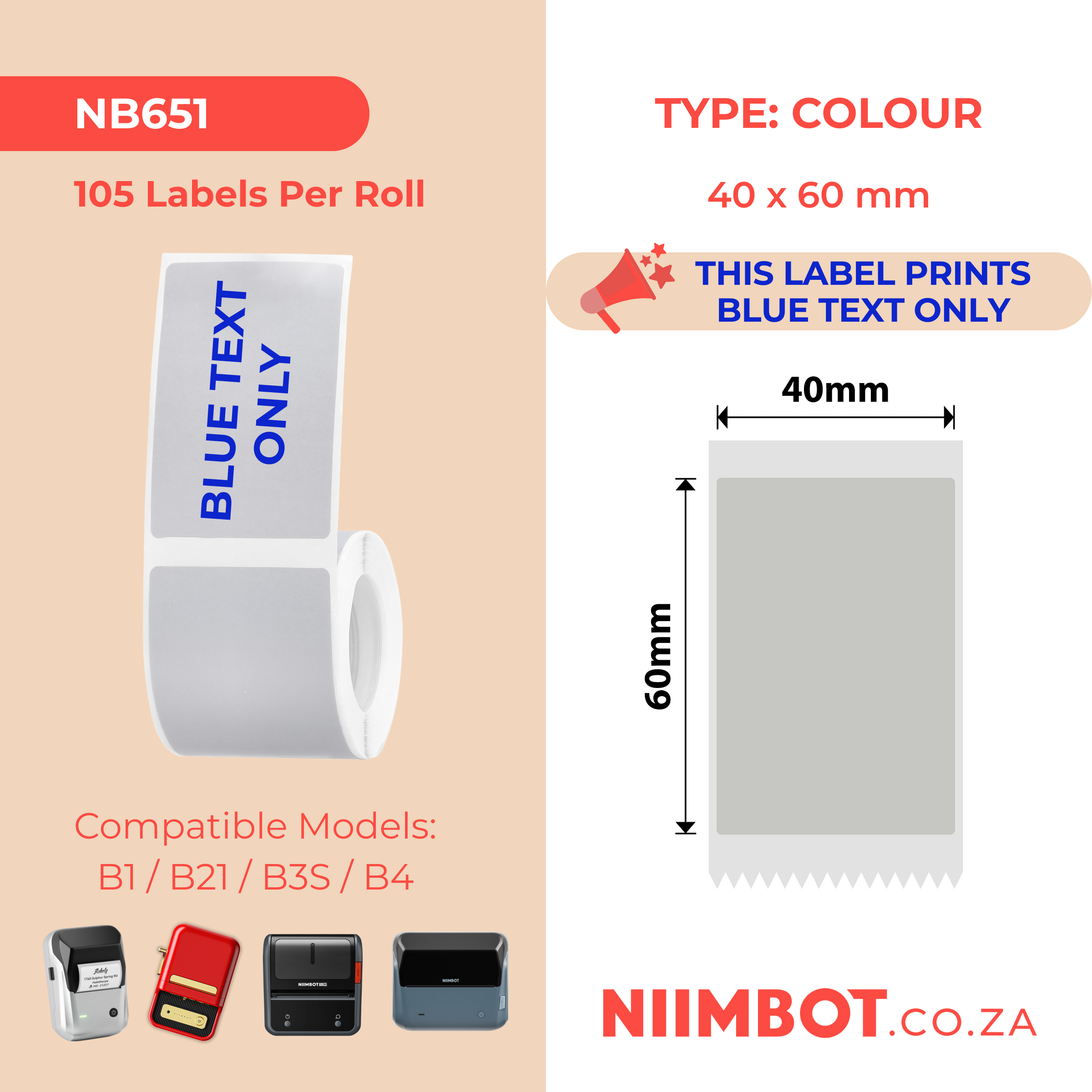 NB651 - NIIMBOT - B1 / B21 / B3S / B4 - 40X60MM - 105 SILVER GREY BLUE TEXT ONLY LABELS