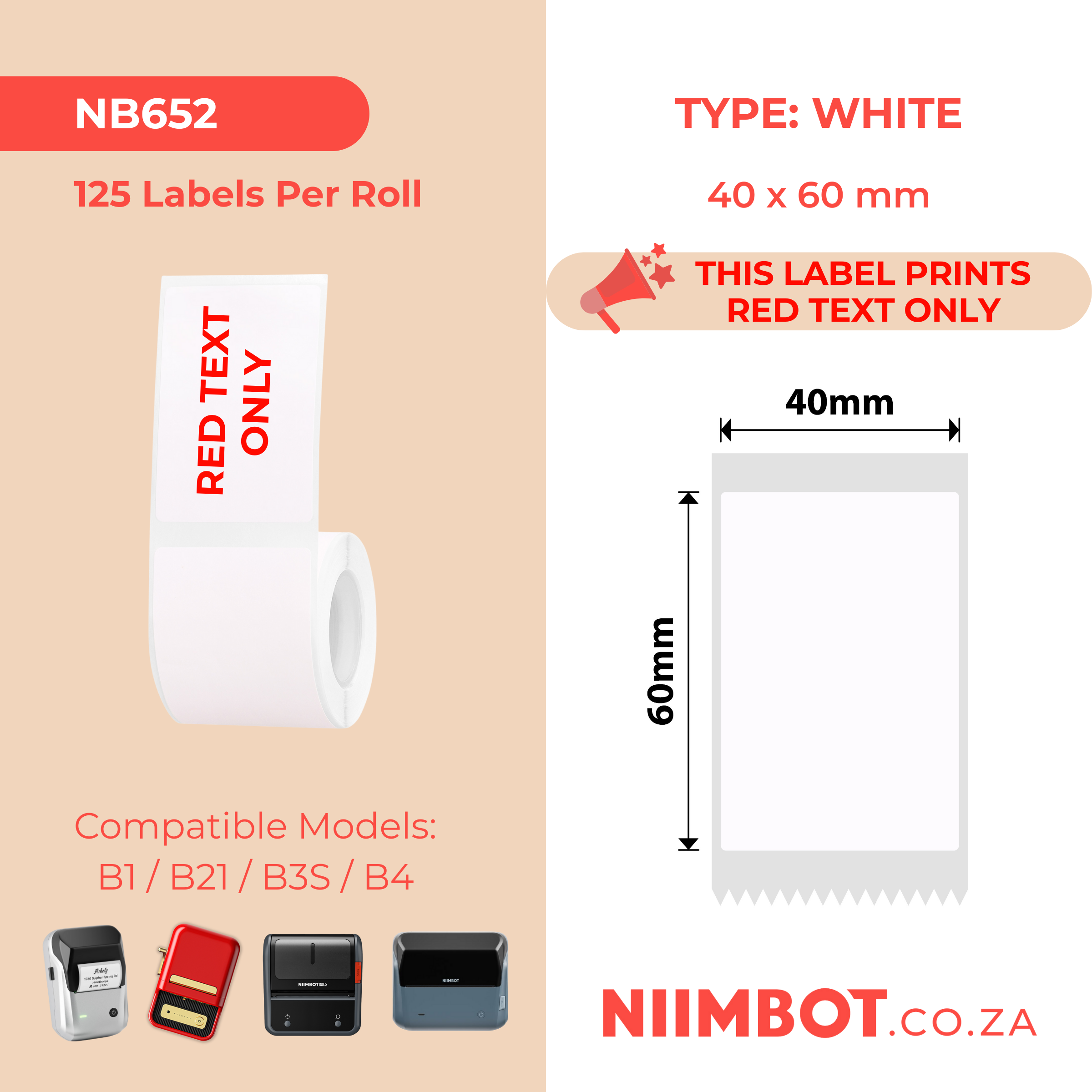 NB652 - NIIMBOT - B1 / B21 / B3S / B4 - 40X60MM - 125 WHITE LABELS RED TEXT ONLY LABELS