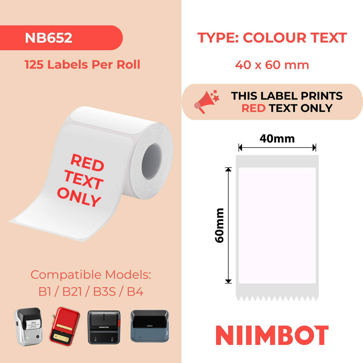 NIIMBOT - Serie B - 40x60mm - Testo bianco e rosso - 125 etichette