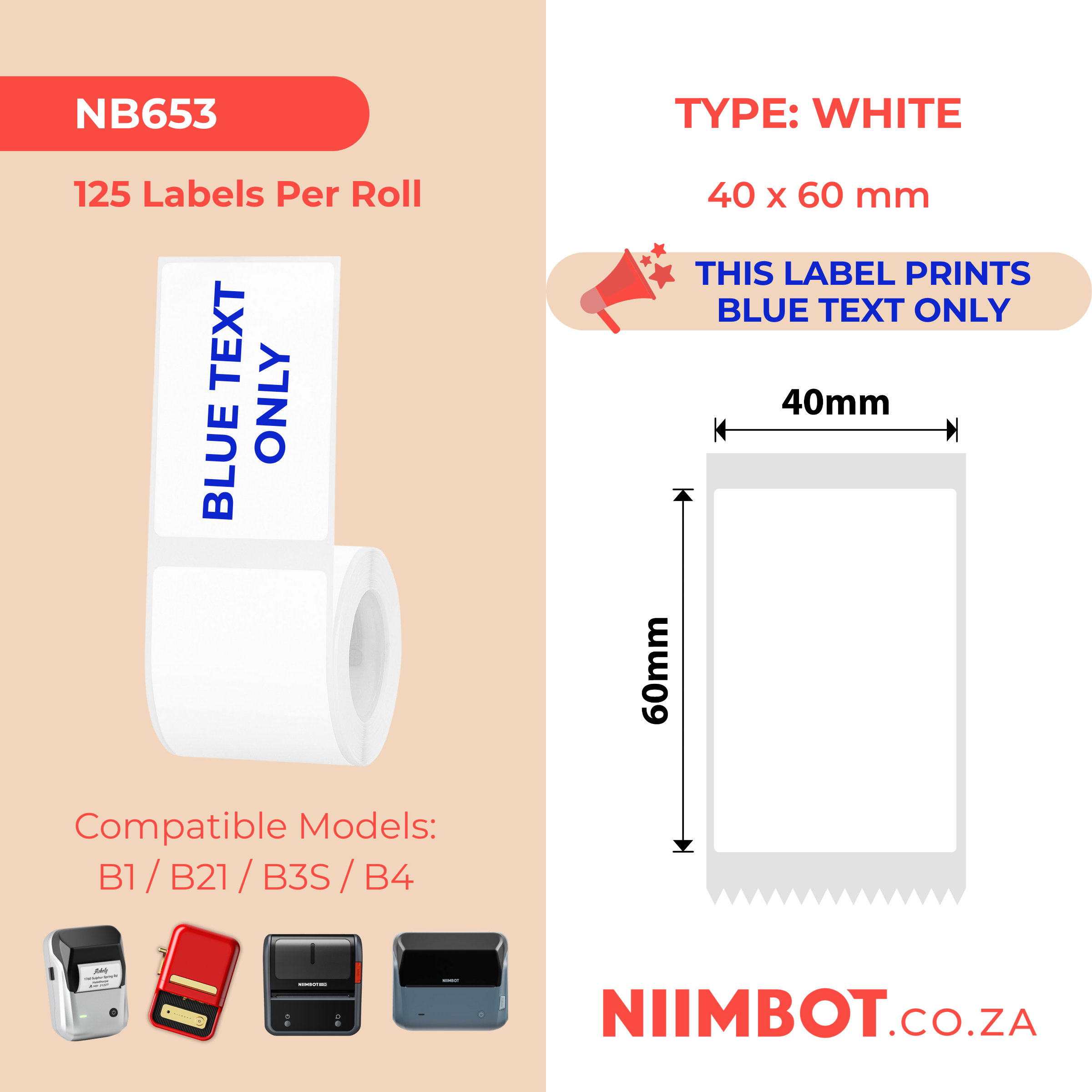 NB653 - NIIMBOT - B1 / B21 / B3S / B4 - 40X60MM - 125 WHITE BLUE TEXT ONLY LABELS