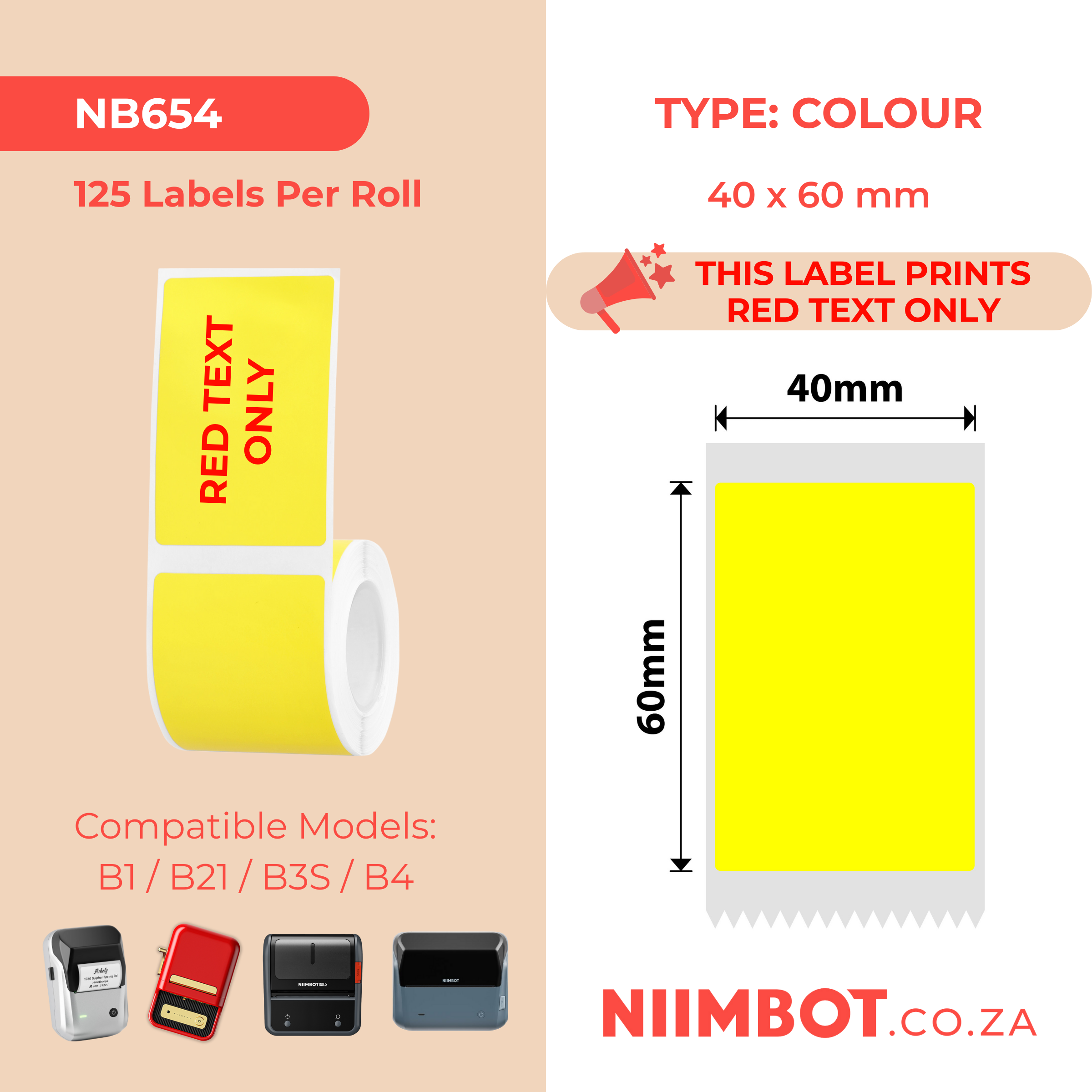 NB654 - NIIMBOT - B1 / B21 / B3S / B4 - 40X60MM - 125 YELLOW RED TEXT ONLY LABELS