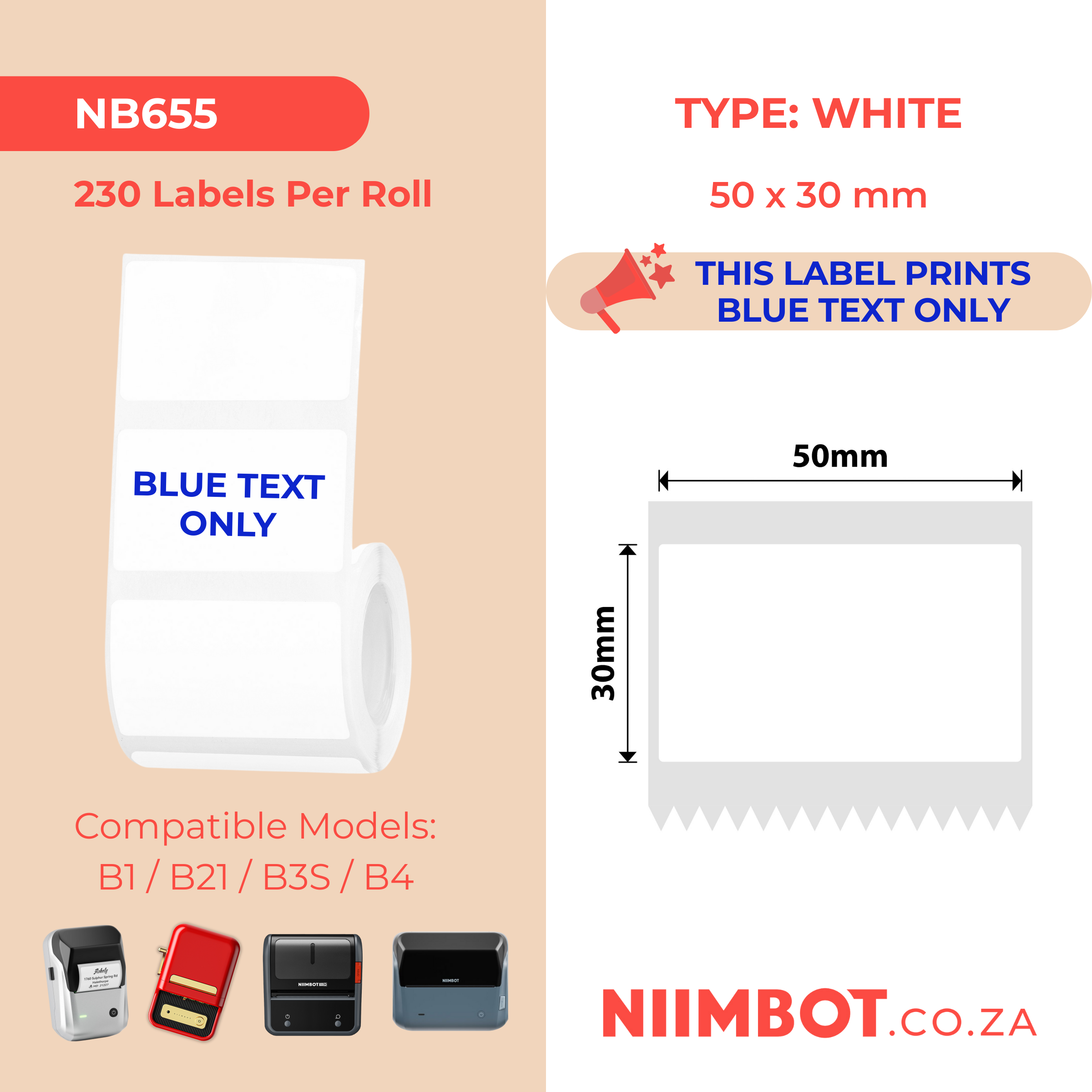 NB655 - NIIMBOT - B1 / B21 / B3S / B4 - 50X30MM - 230 WHITE BLUE TEXT ONLY LABELS