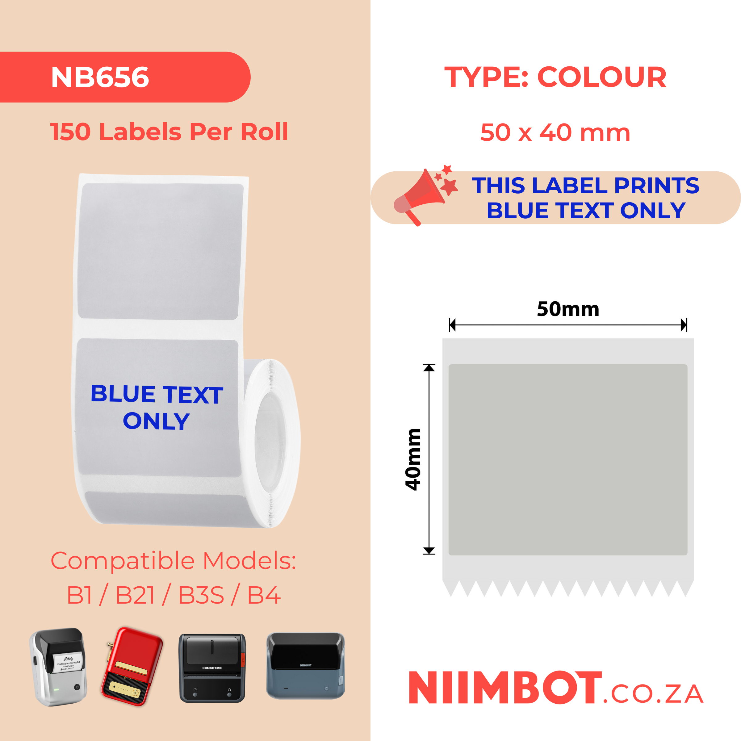NB656 - NIIMBOT - B1 / B21 / B3S / B4 - 50X40MM - 150 SILVER GREY BLUE TEXT ONLY LABELS