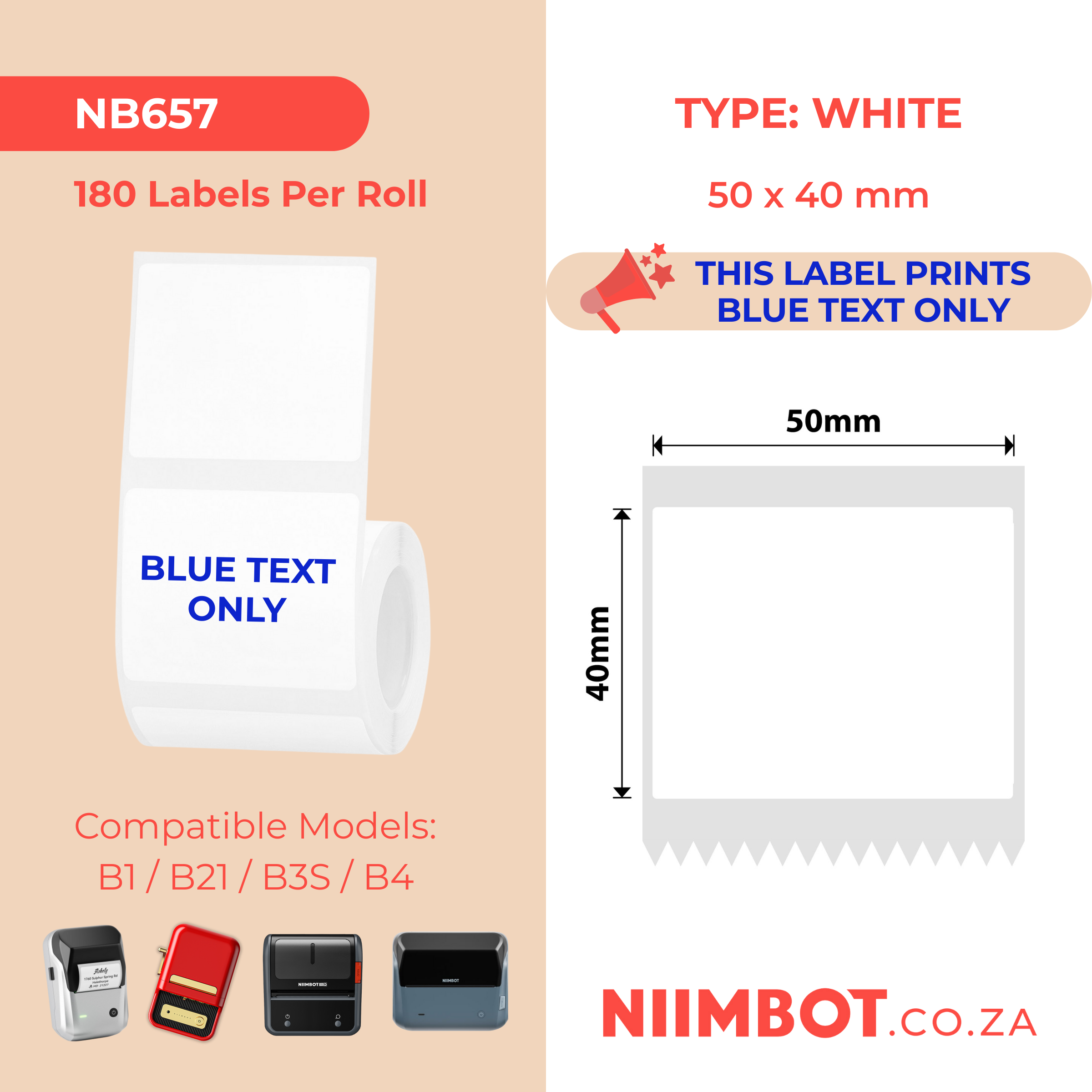 NB657 - NIIMBOT - B1 / B21 / B3S / B4 - 50X40MM - 180 WHITE BLUE TEXT ONLY LABELS