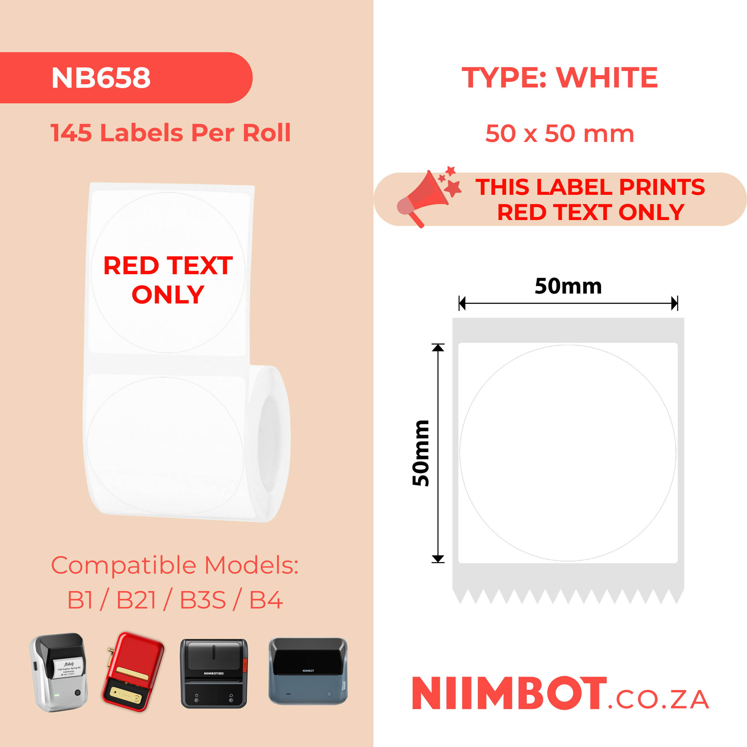NB658 - NIIMBOT - B1 / B21 / B3S / B4 - 50X50MM - 145 WHITE ROUND RED TEXT ONLY LABELS
