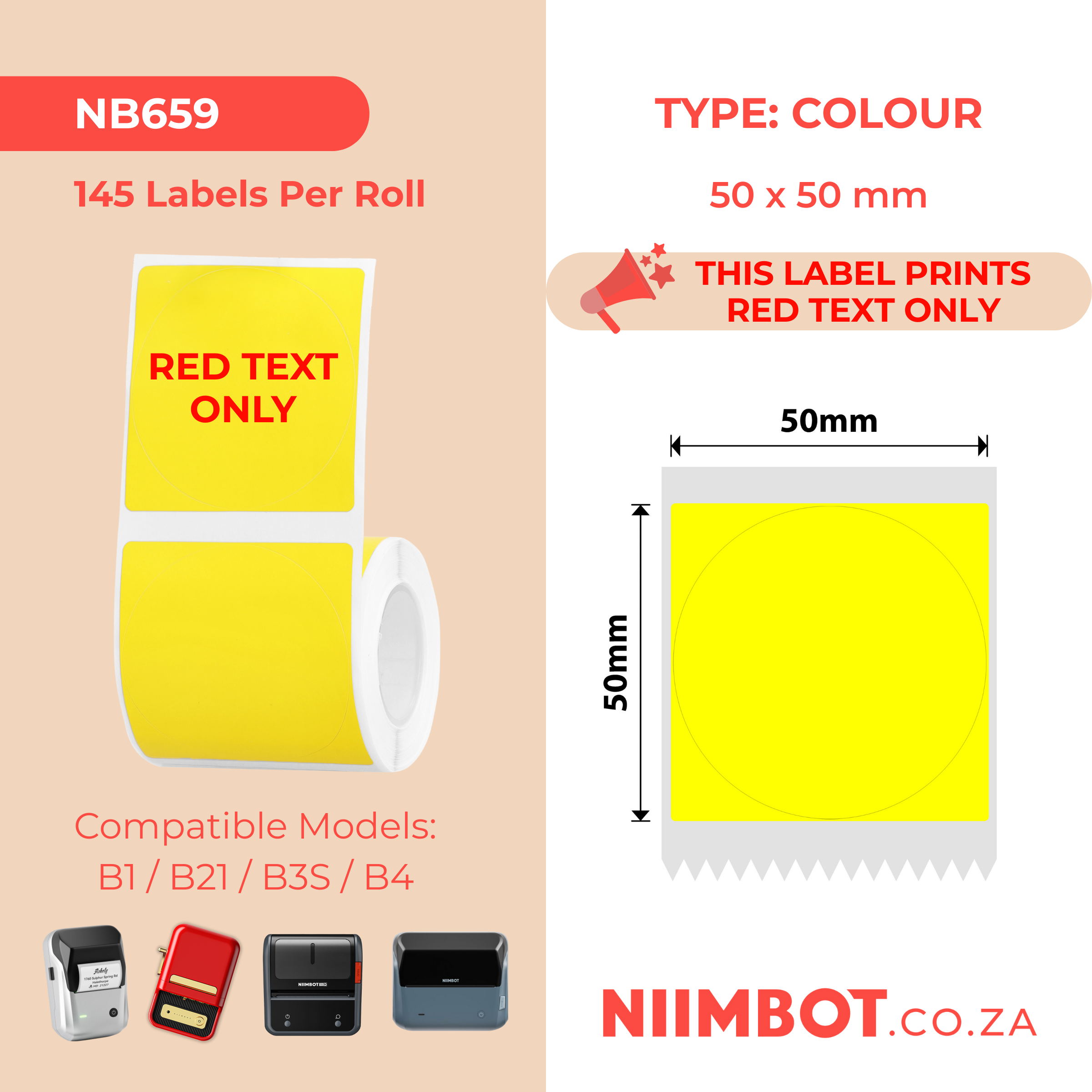 NB659 - NIIMBOT - B1 / B21 / B3S / B4 - 50X50MM - 145 YELLOW ROUND RED TEXT ONLY LABELS