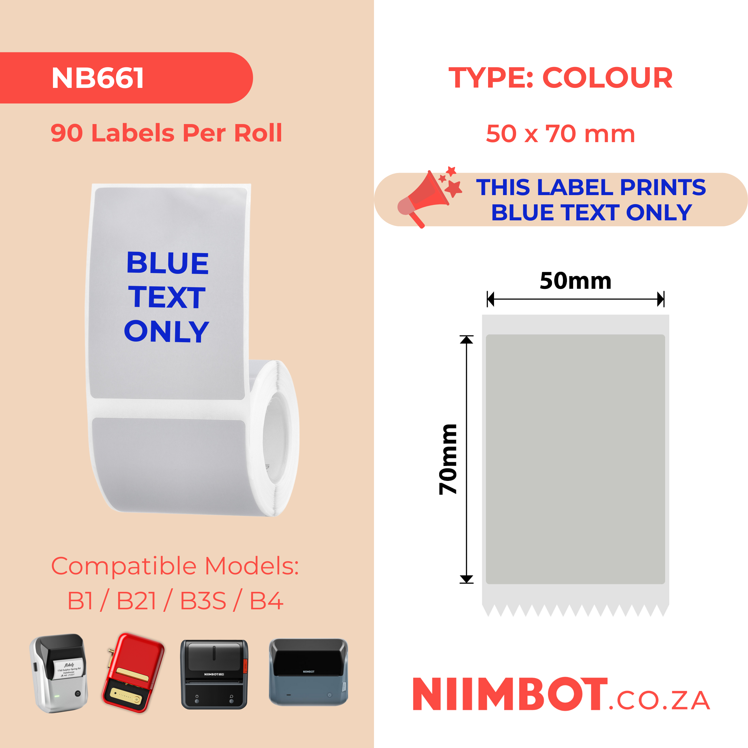 NB661 - NIIMBOT - B1 / B21 / B3S / B4 - 50X70MM - 90 SILVER GREY BLUE TEXT ONLY LABELS