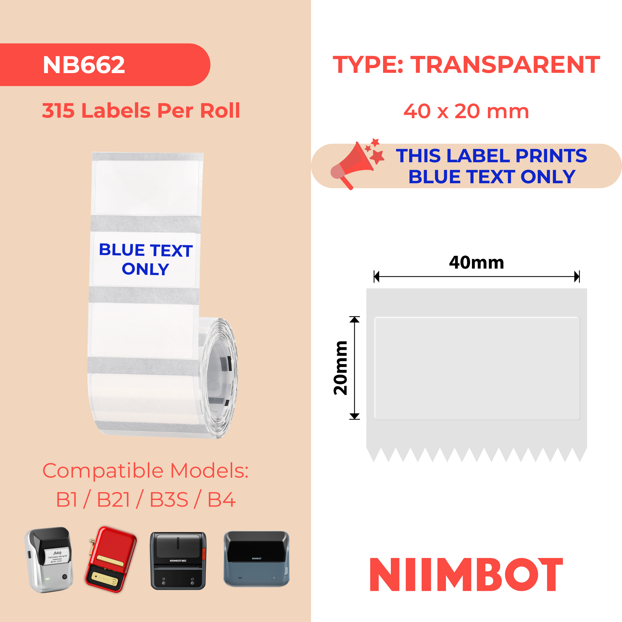 NB662 - NIIMBOT - B1 / B21 / B3S / B4 - 40X20MM - 315 TRANSPARENT BLUE TEXT ONLY LABELS