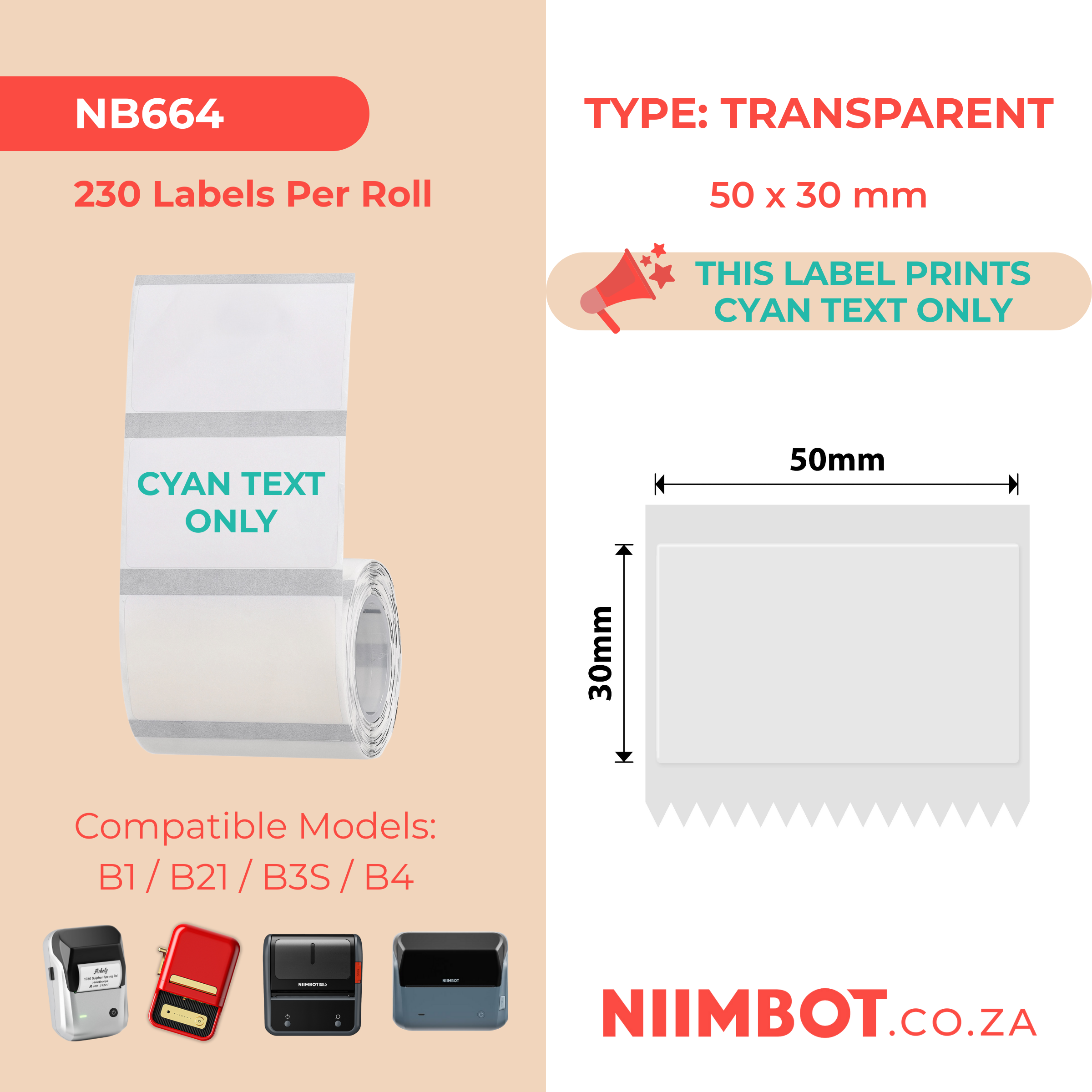 NB664 - NIIMBOT - B1 / B21 / B3S / B4 - 50X30MM - 230 TRANSPARENT CYAN TEXT ONLY LABELS