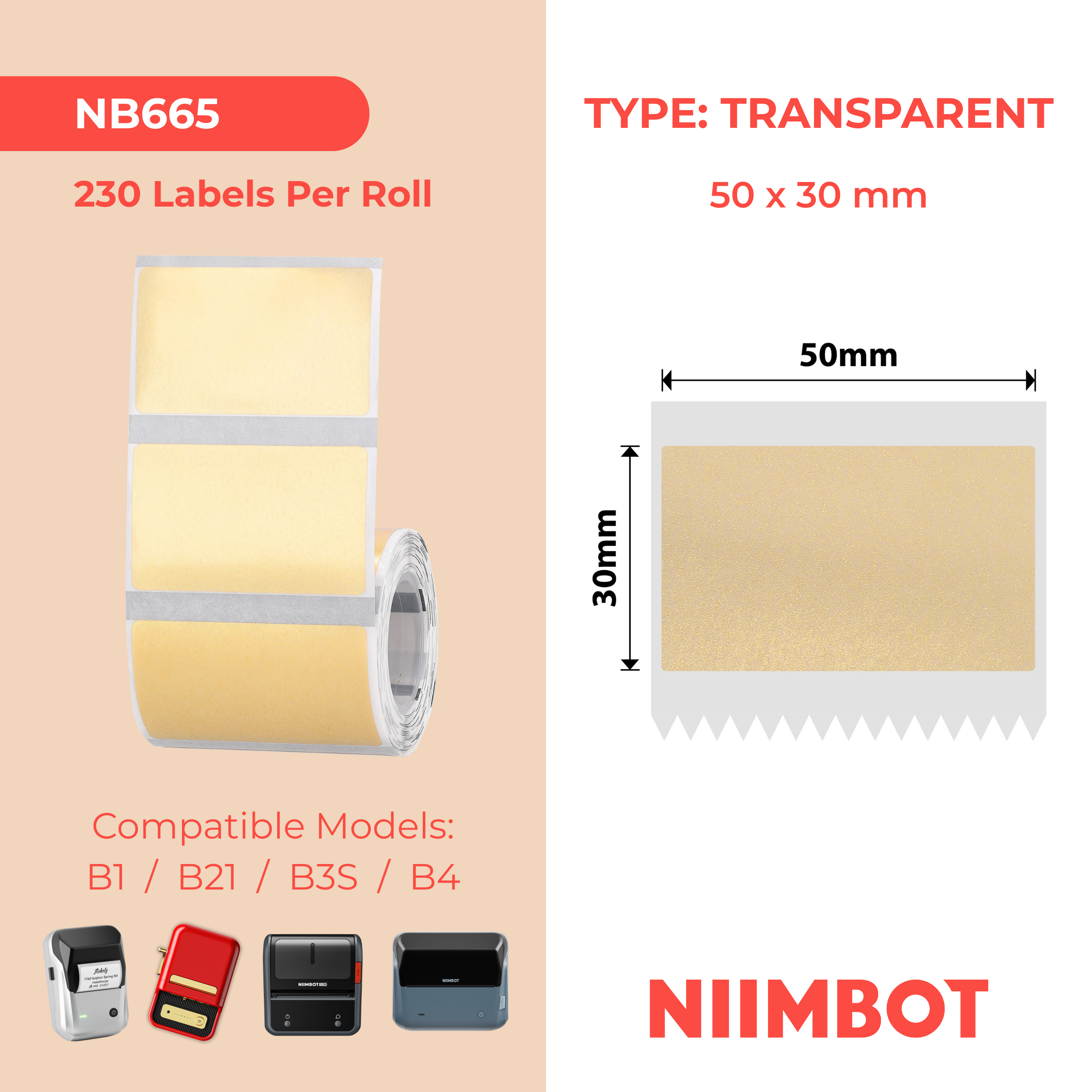 NB665 - NIIMBOT - B1 / B21 / B3S / B4 - 50X30MM - 230 GOLD TRANSPARENT LABELS