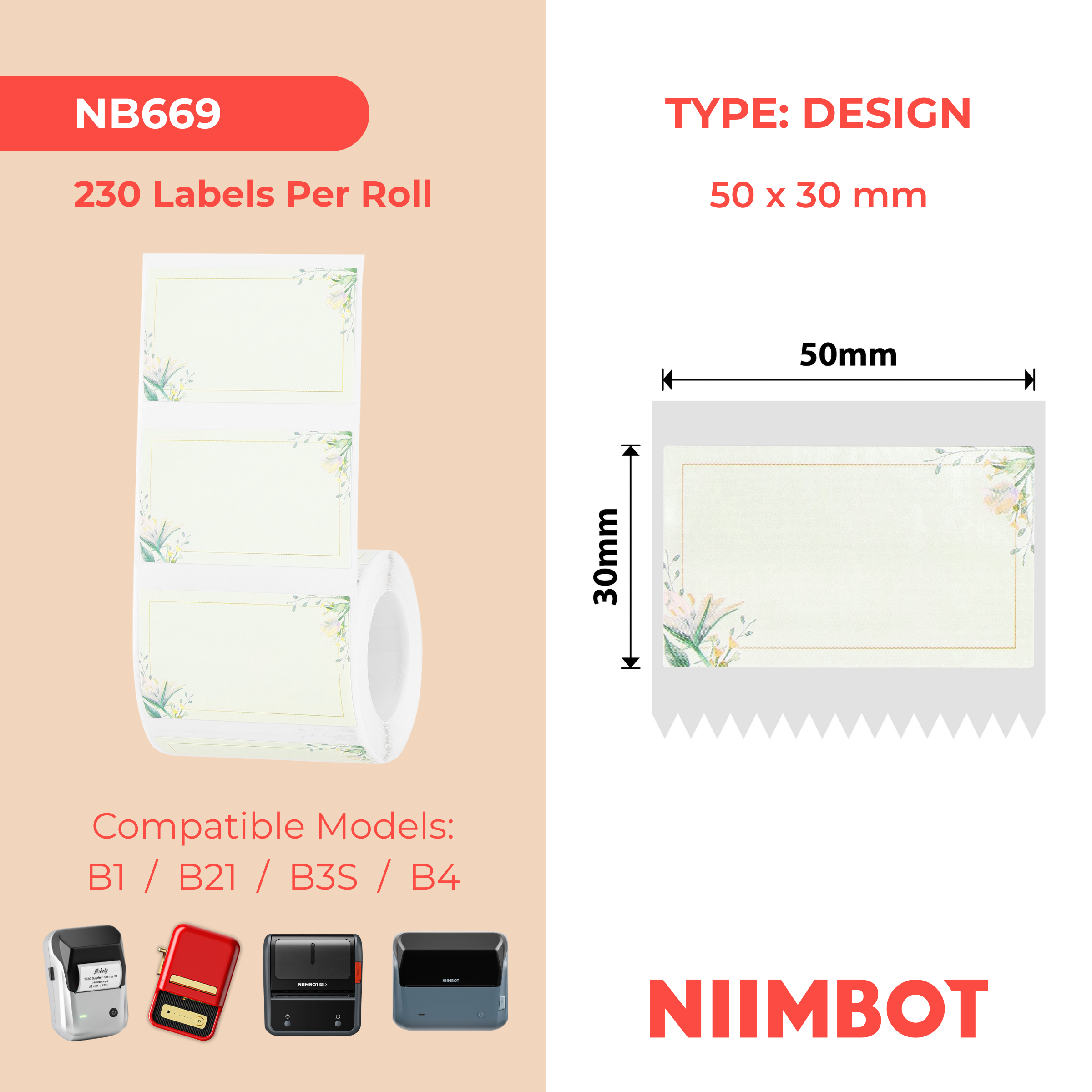 NB669 - NIIMBOT - B1 / B21 / B3S / B4 - 50X30MM - 230 WHITE FLOWER LABELS