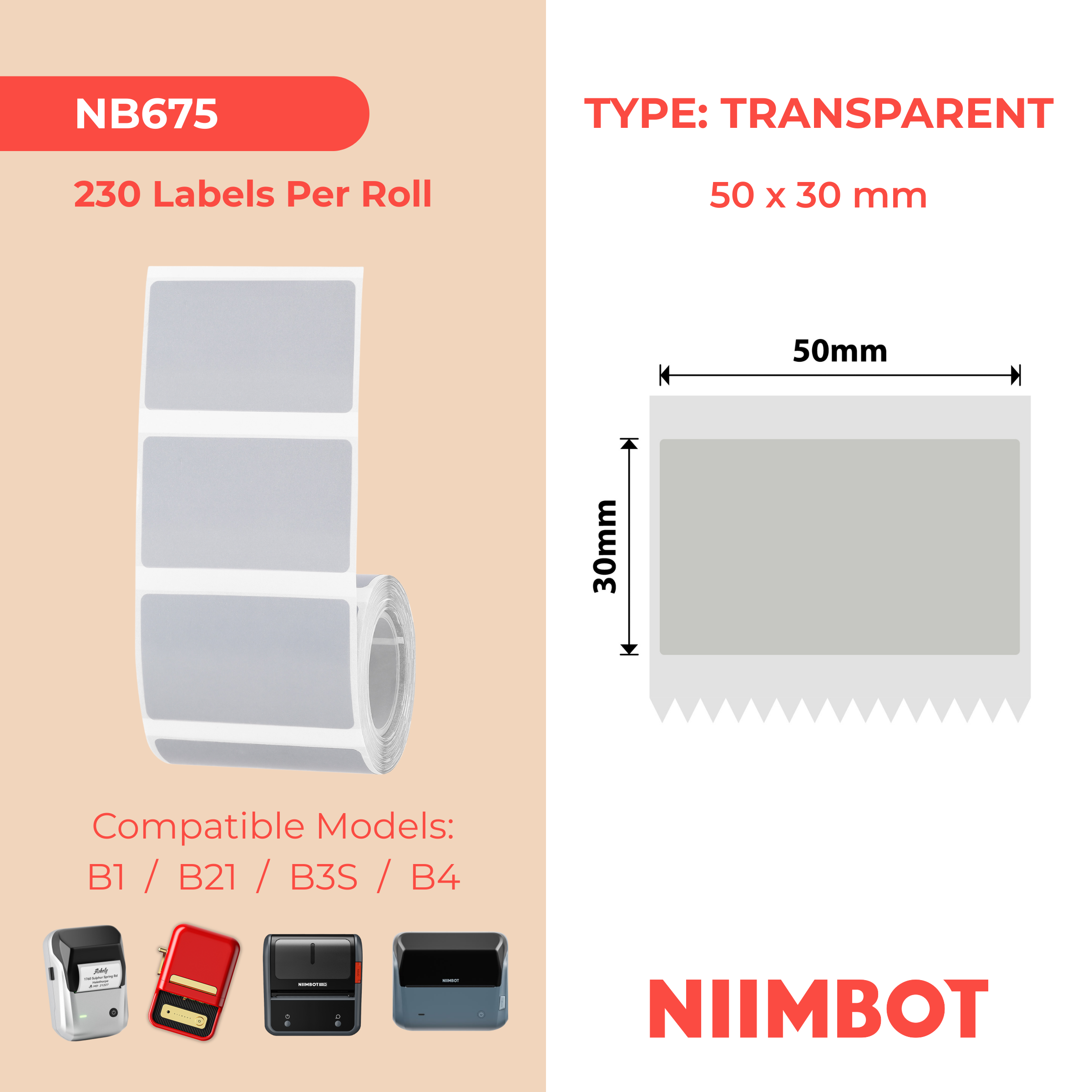 NB675 - NIIMBOT - B1 / B21 / B3S / B4 - 50X30MM - 230 SILVER TRANSPARENT LABELS