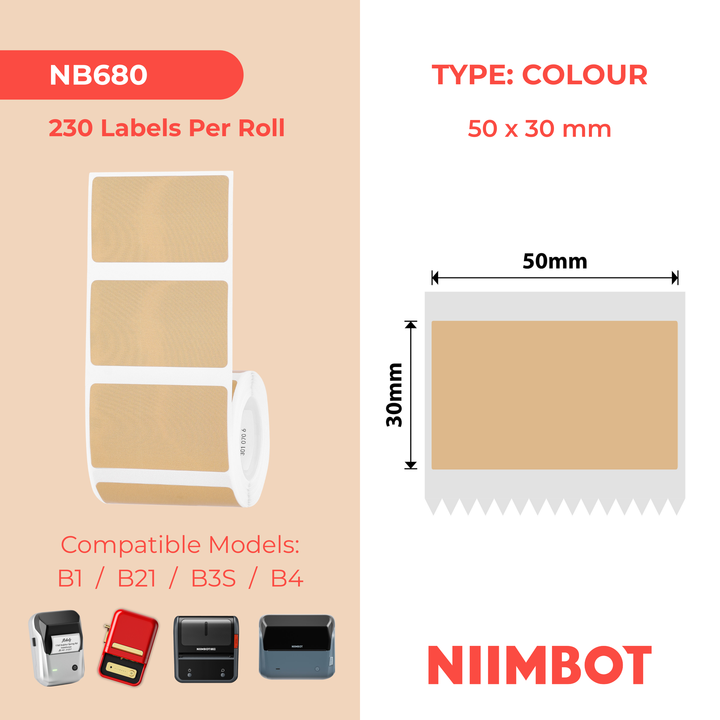 NB680 - NIIMBOT - B1 / B21 / B3S / B4 - 50X30MM - 230 HARDWOOD LABELS