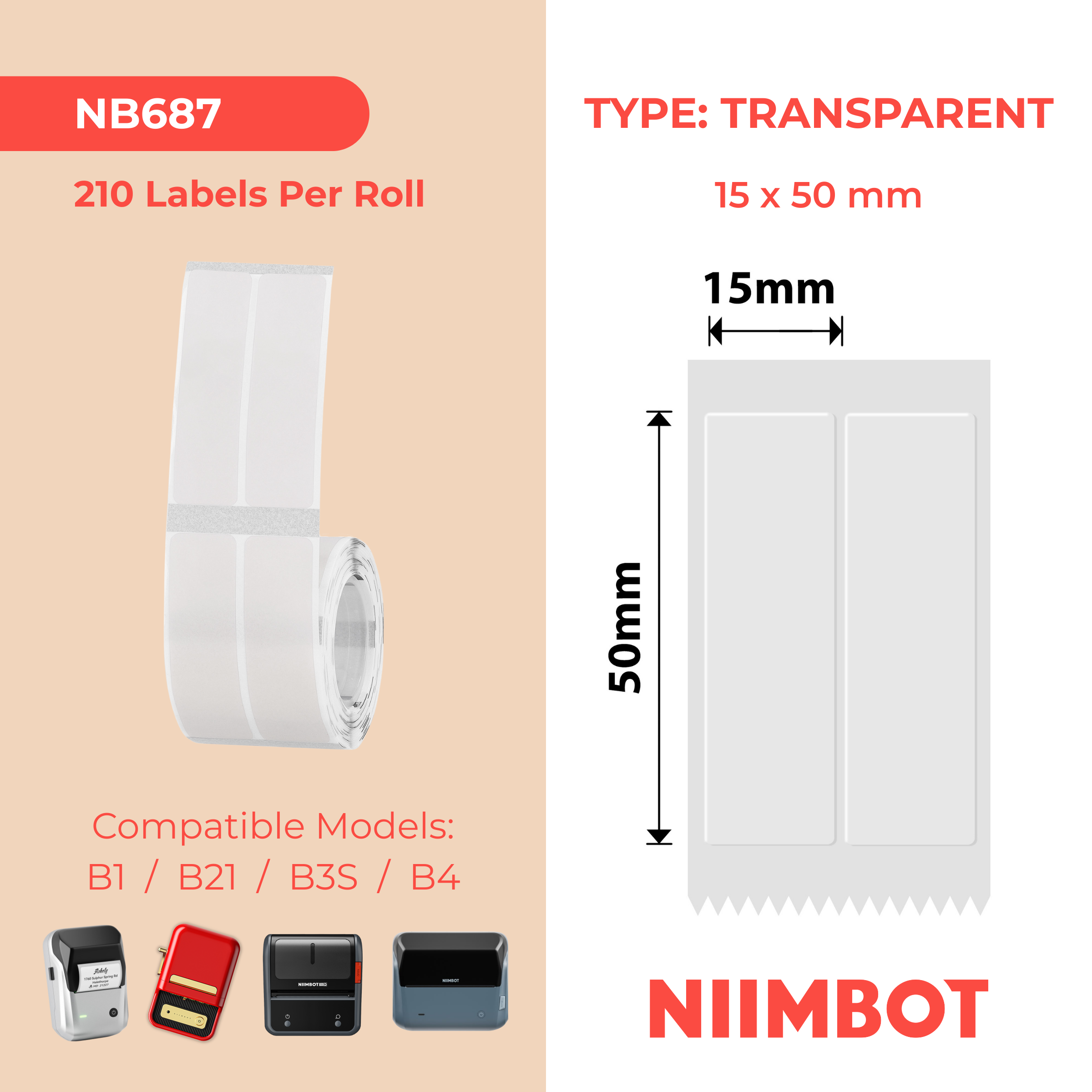 NB687 - NIIMBOT - B1 / B21 / B3S / B4 - 15X50/2L - 210 TRANSPARENT ANTI-COUNTERFEITING LABELS