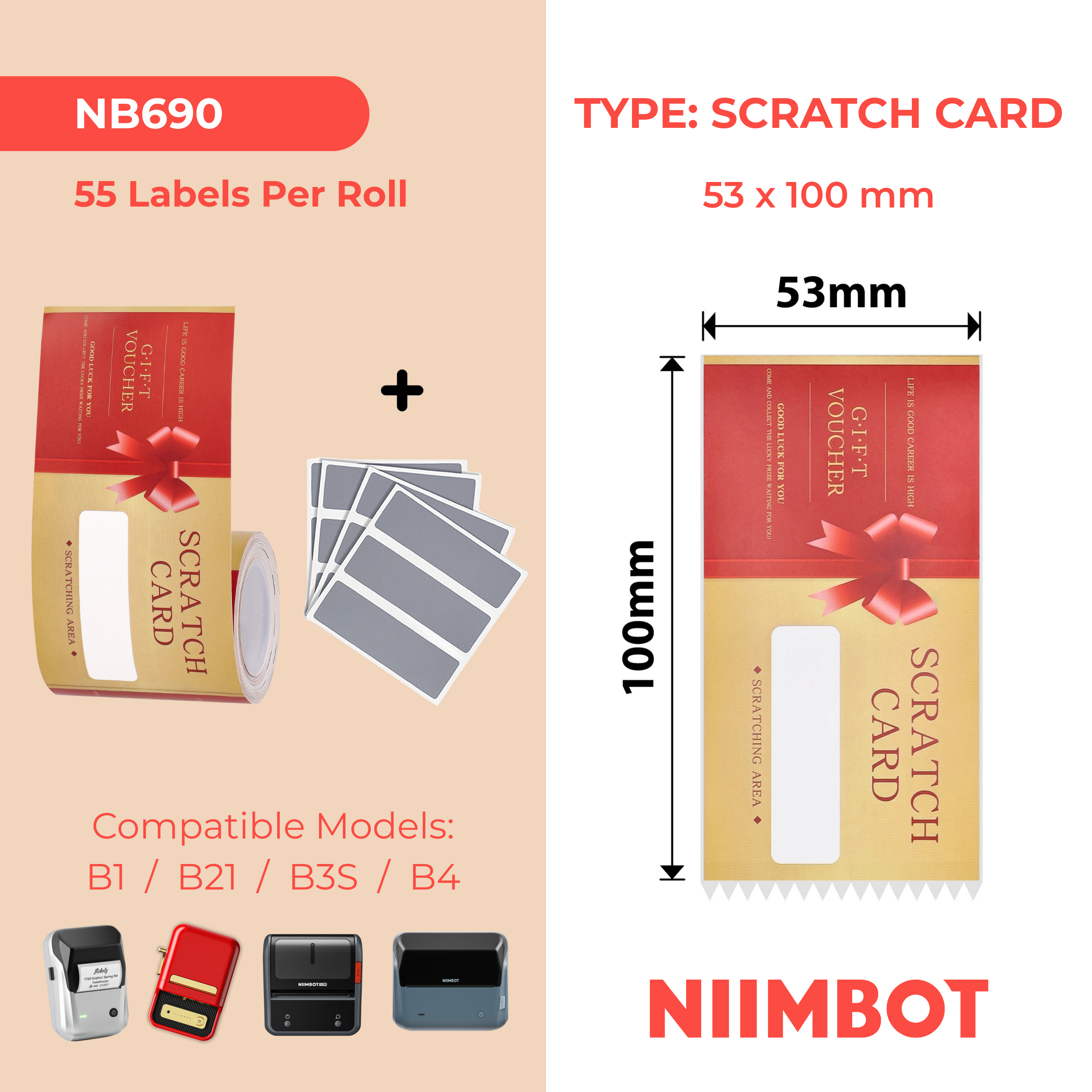 NB690 - NIIMBOT - B1 / B21 / B3S / B4 - 53X100MM - 55 GIFT SCRATCH CARD LABELS