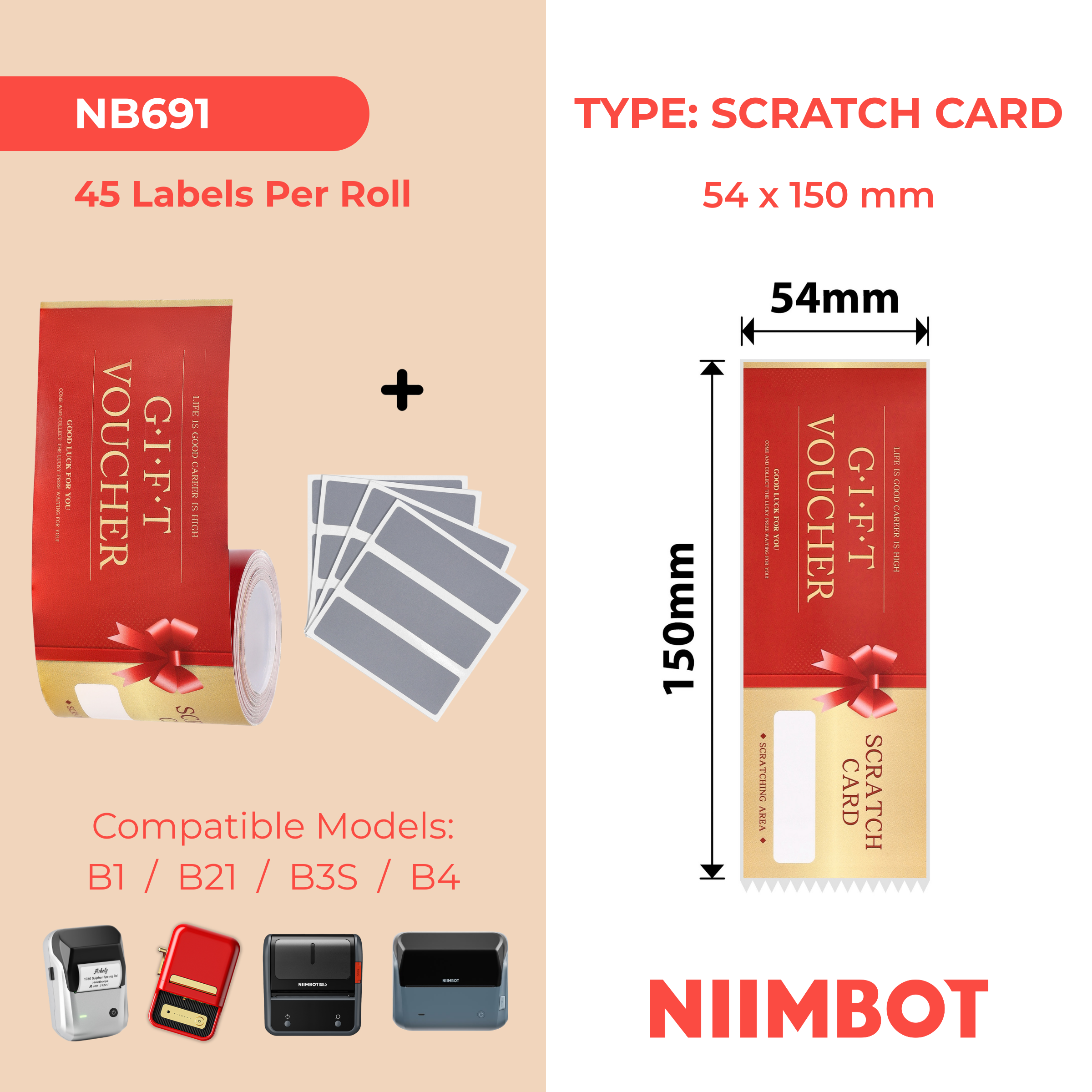 NB691 - NIIMBOT - B1 / B21 / B3S / B4 - 54X150MM - 45 LUCKY SCRATCH CARDS LABELS