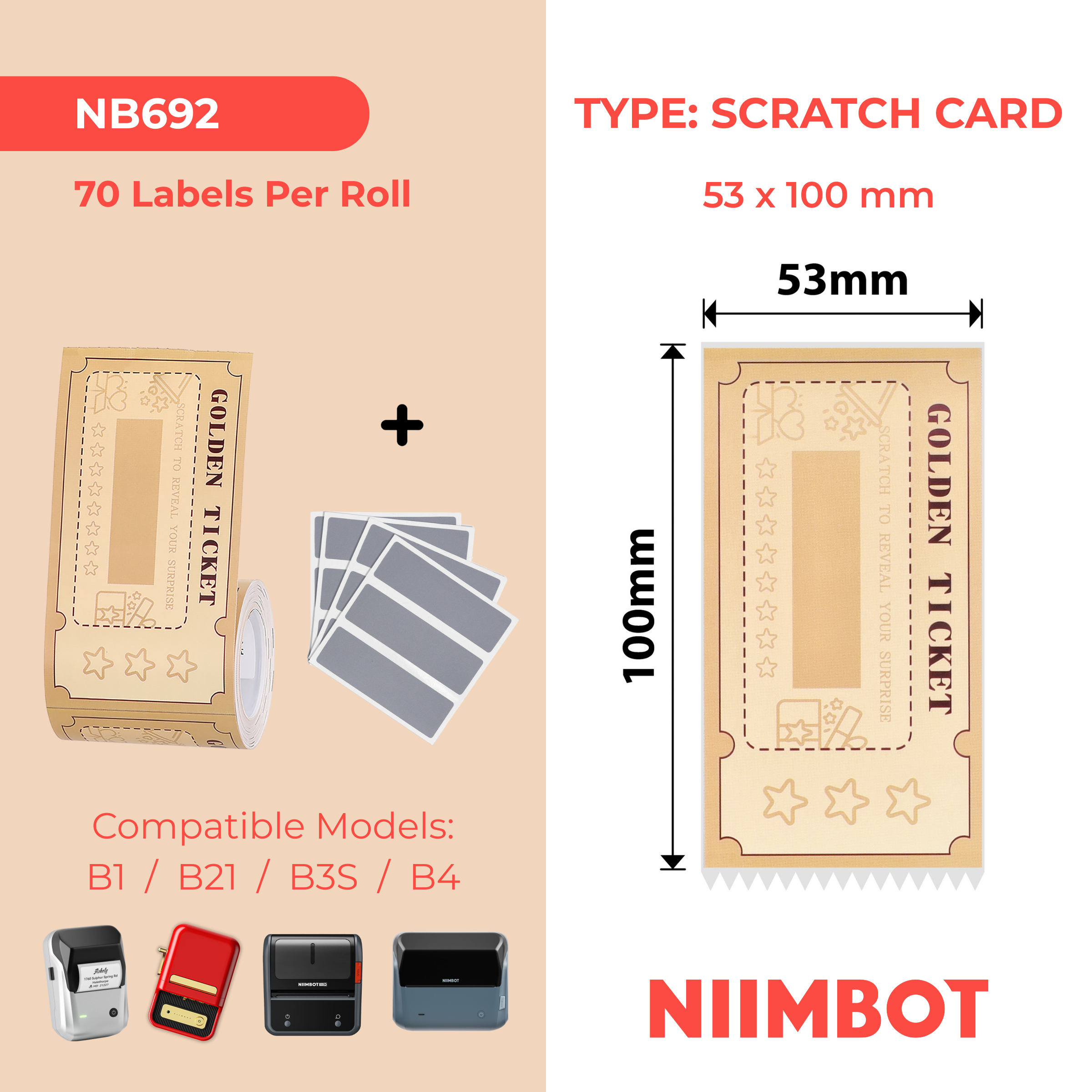 NB692 - NIIMBOT - B1 / B21 / B3S / B4 - 53X100MM - 70 GOLD SCRATCH CARDS LABELS