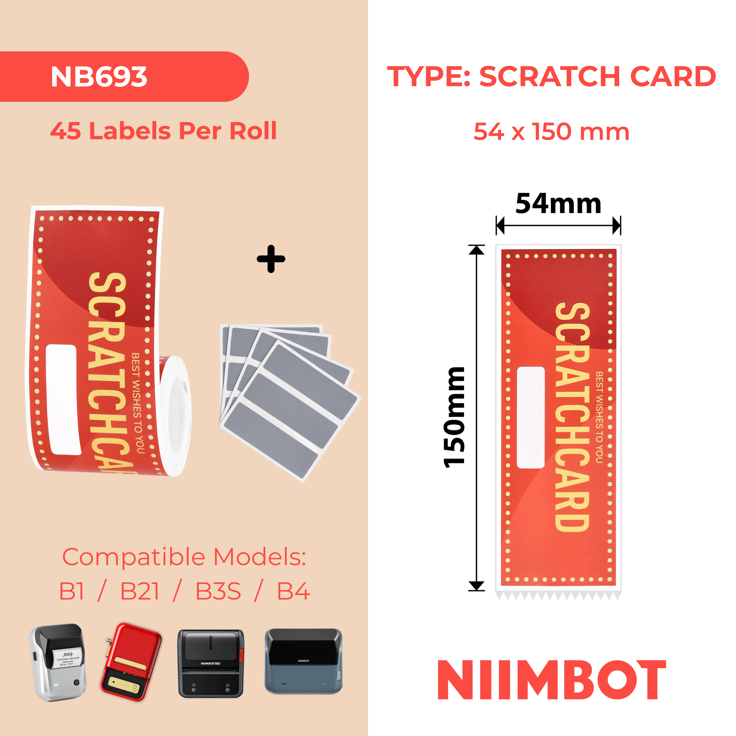 NB693 - NIIMBOT - B1 / B21 / B3S / B4 - 54X150MM - 45 BLESS SCRATCH CARDS LABELS