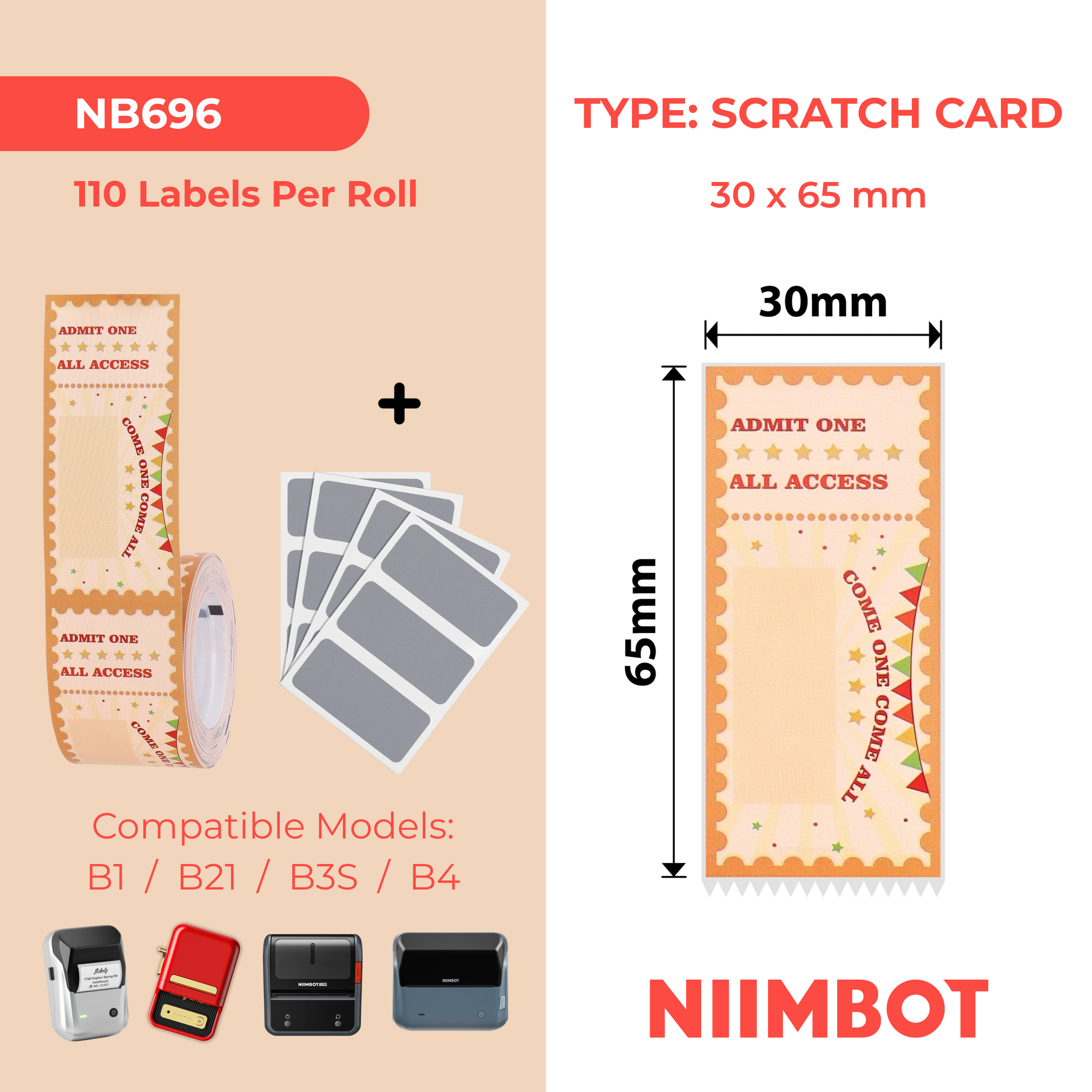 NB696 - NIIMBOT - B1 / B21 / B3S / B4 - 30X65MM - 110 LUCKY CARDS SCRATCH CARDS LABELS