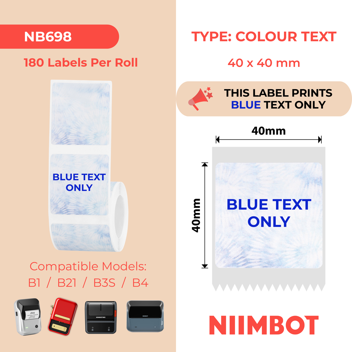 NIIMBOT - Serie B - 40x40mm - Formato taccuino con testo blu - 180 etichette