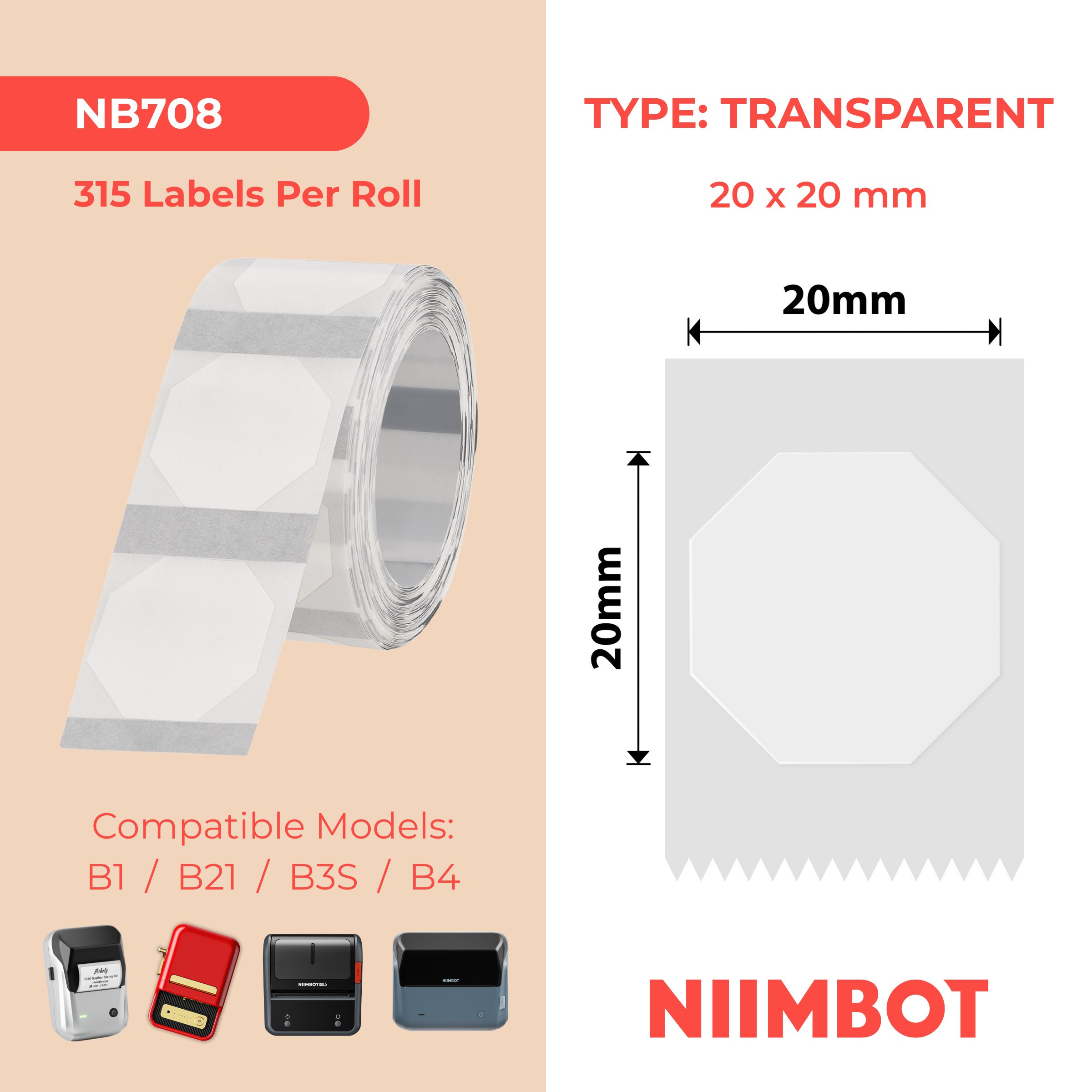 NB708 - NIIMBOT - B1 / B21 / B3S / B4 - 20X20MM - 315 TRANSPARENT LABELS