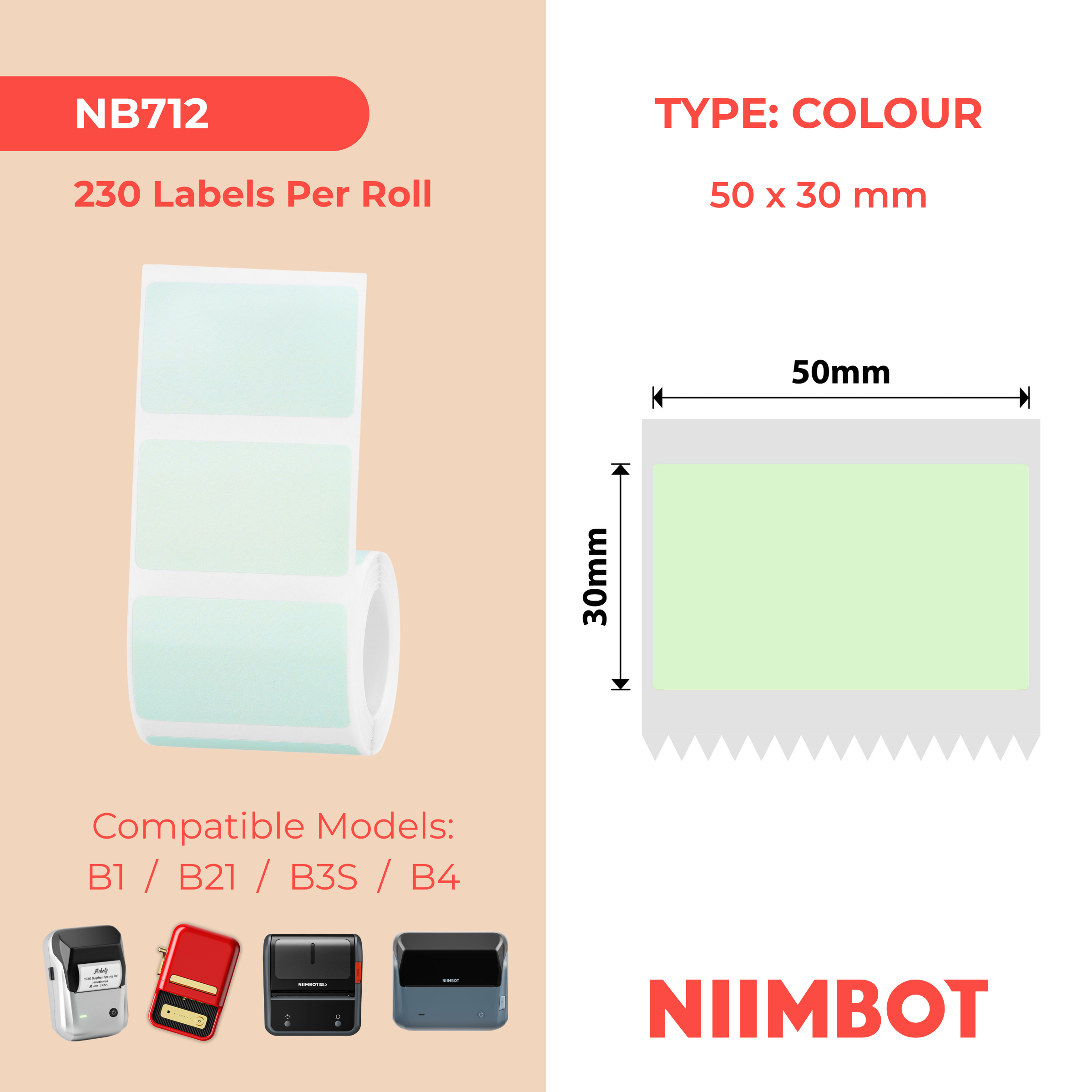 NB712 - NIIMBOT - B1 / B21 / B3S / B4 - 50X30MM - 230 MINT GREEN LABELS