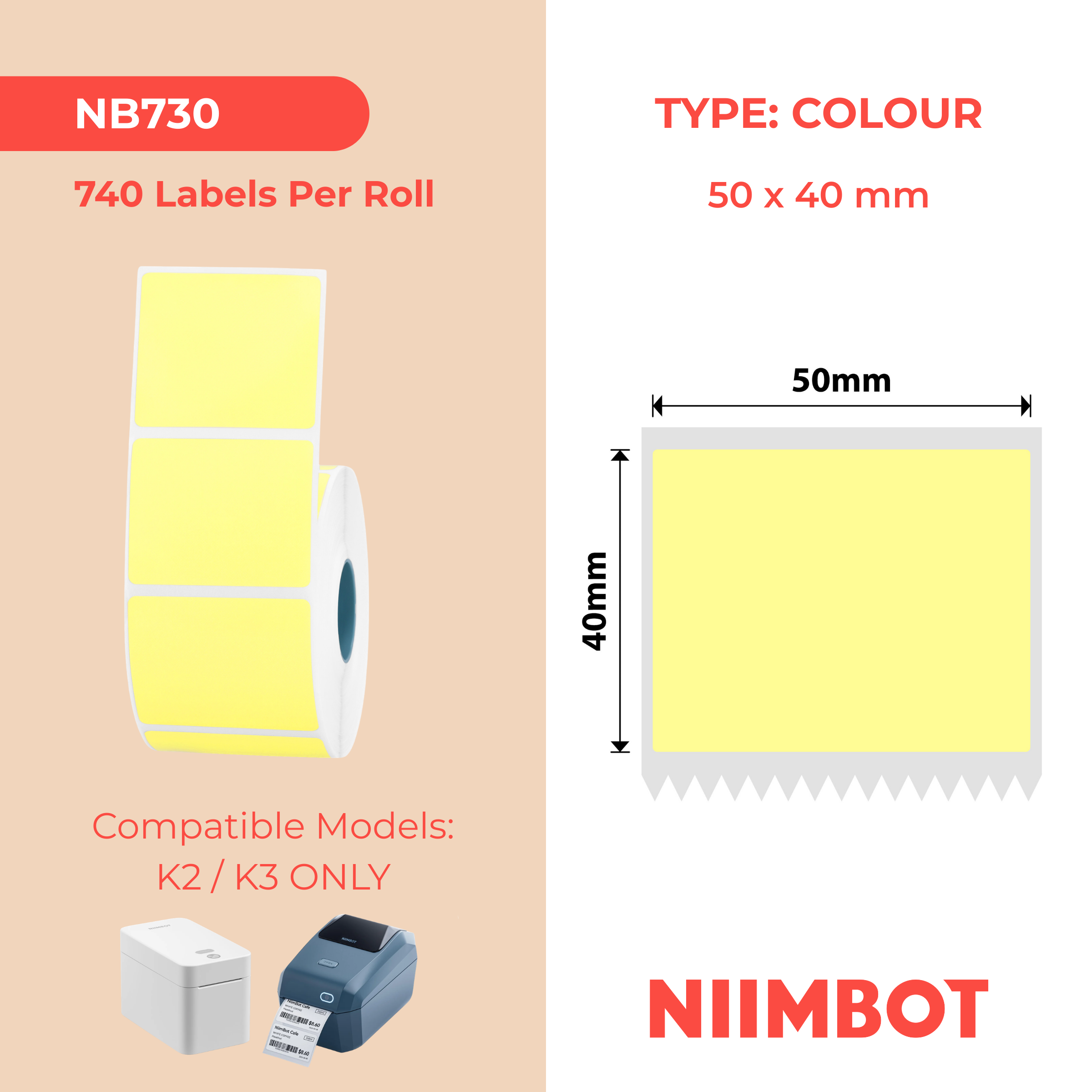 NB730 - NIIMBOT - K2 / K3 ONLY - 50X40MM - 740 BRIGHT YELLOW LABELS