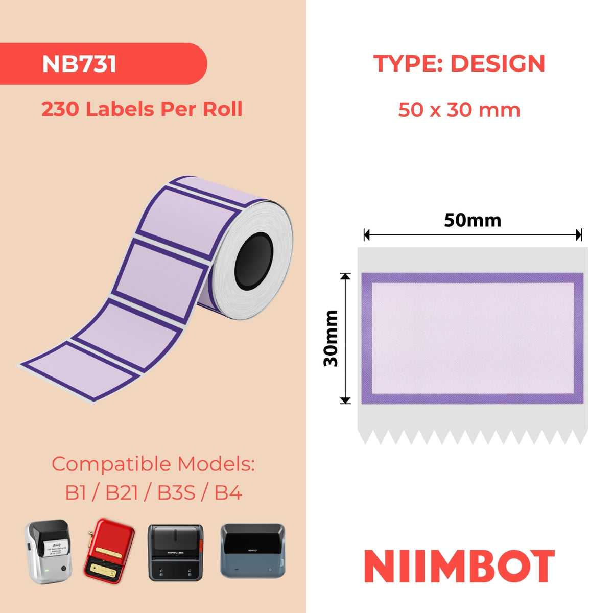 NIIMBOT - B Range - 50x30mm - Purple Border - 230 Labels