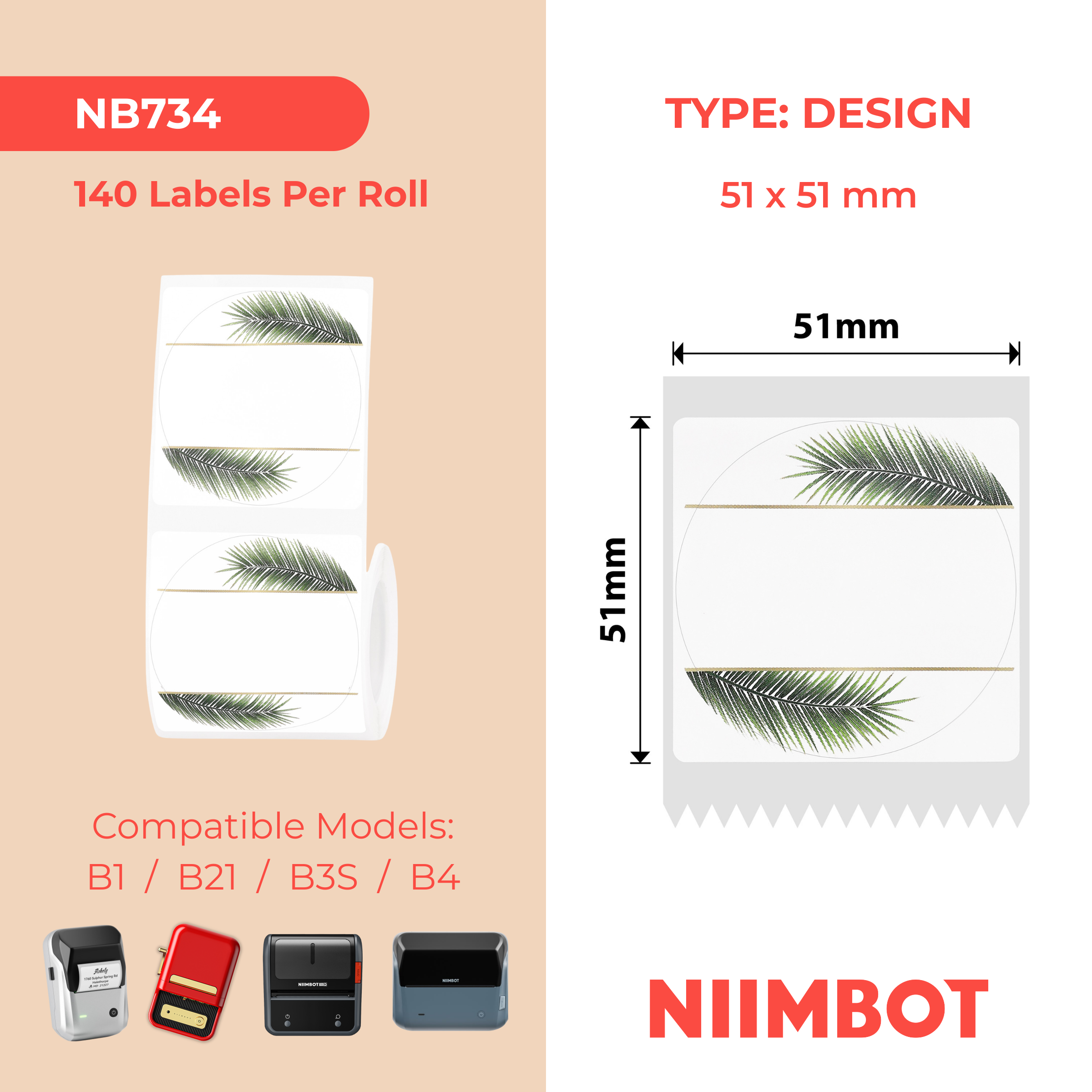 NB734 - NIIMBOT - B1 / B21 / B3S / B4 - 51X51MM - 140 LEAF ROUND LABELS