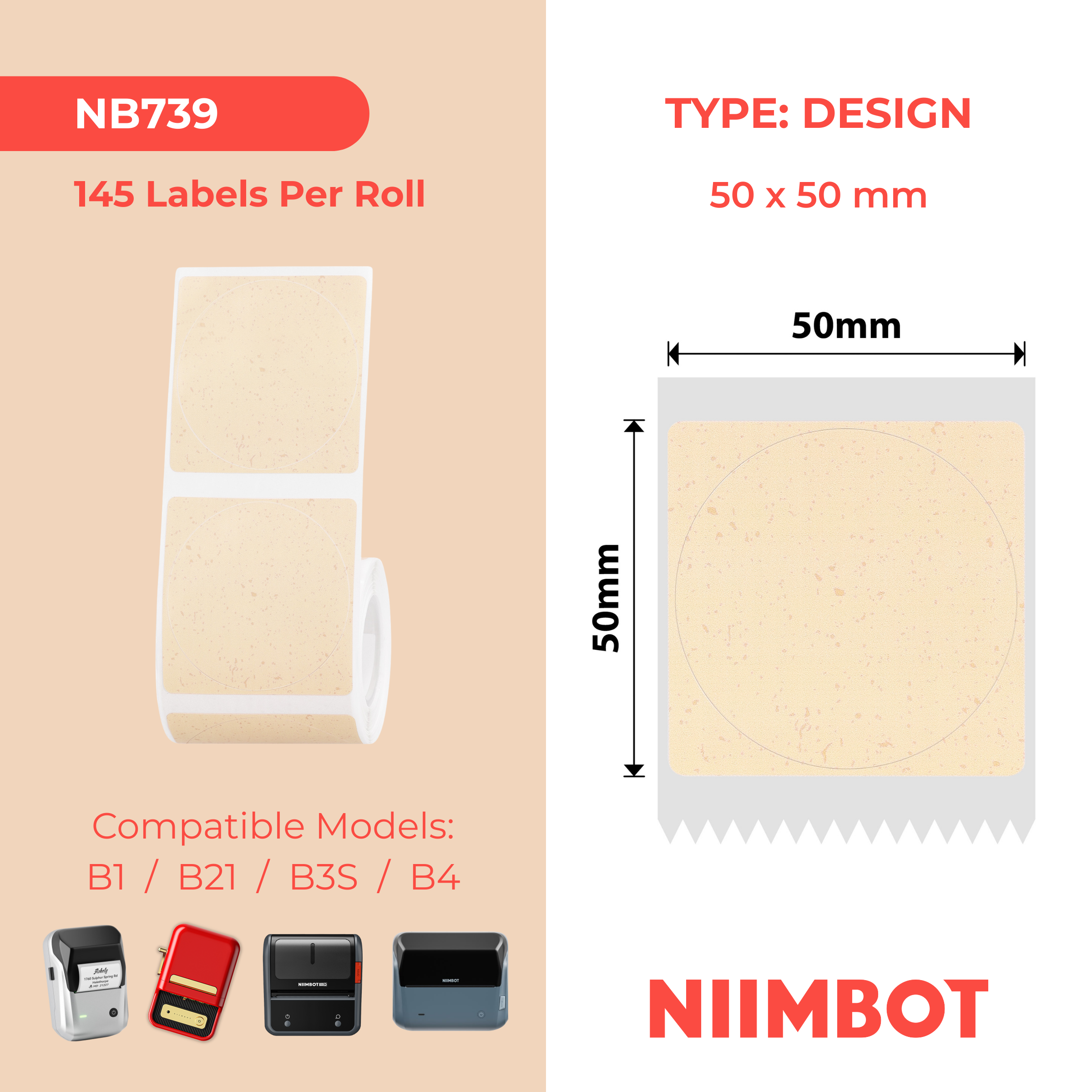 NB739 - NIIMBOT - B1 / B21 / B3S / B4 - 50X50MM - 145 KRAFT LABELS